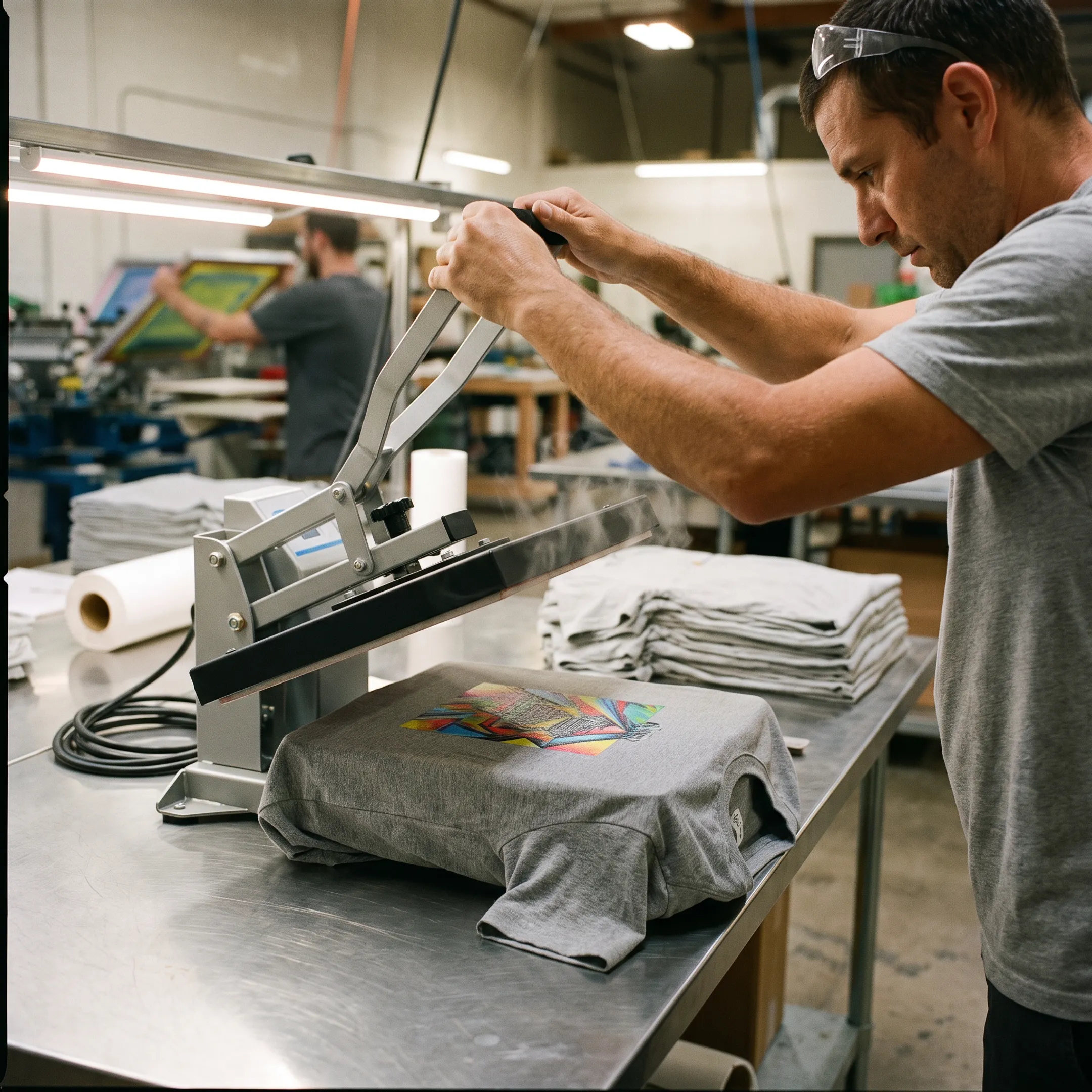 Technician applying a colorful custom transfer to a branded garment