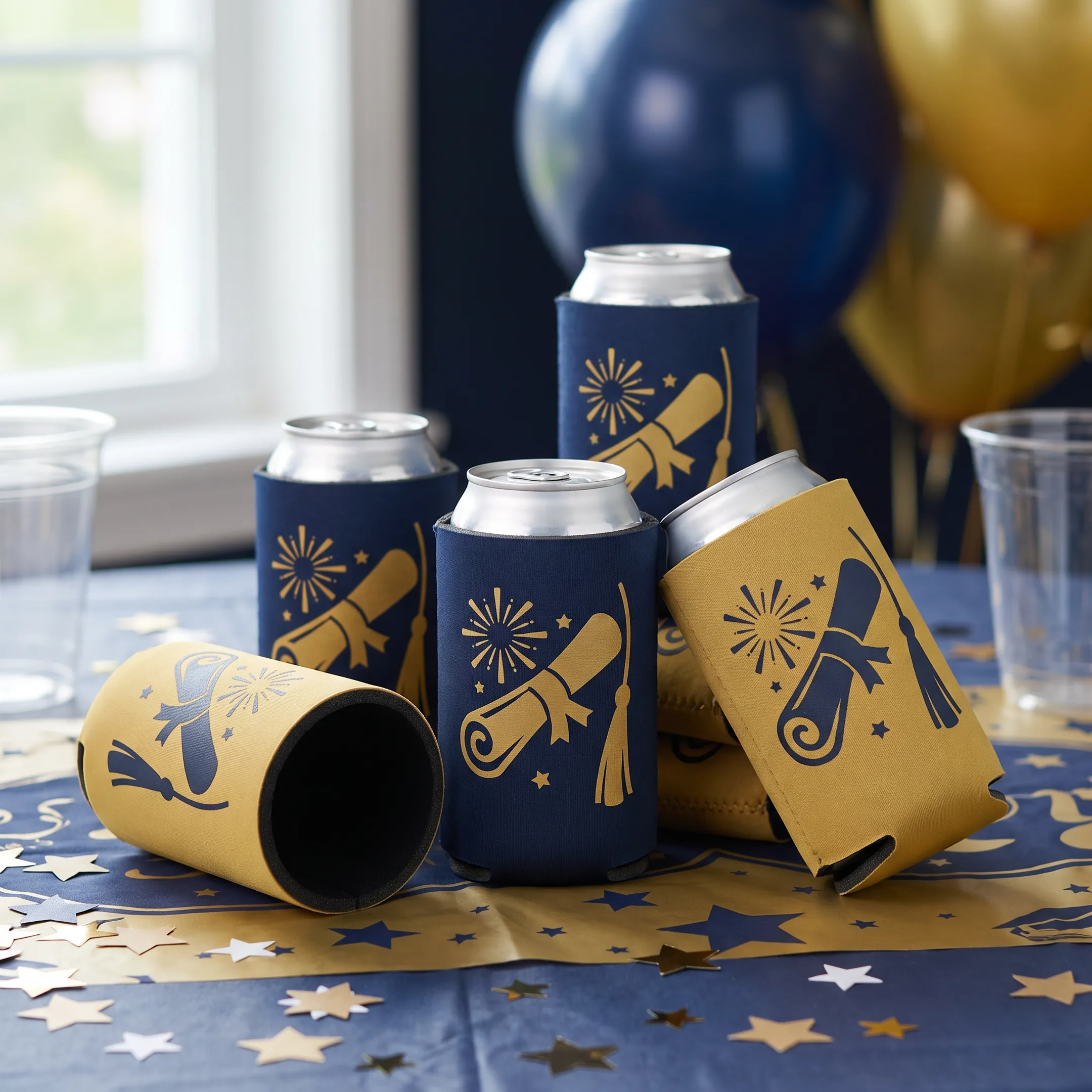 Personalized graduation can coolers displayed at a party table