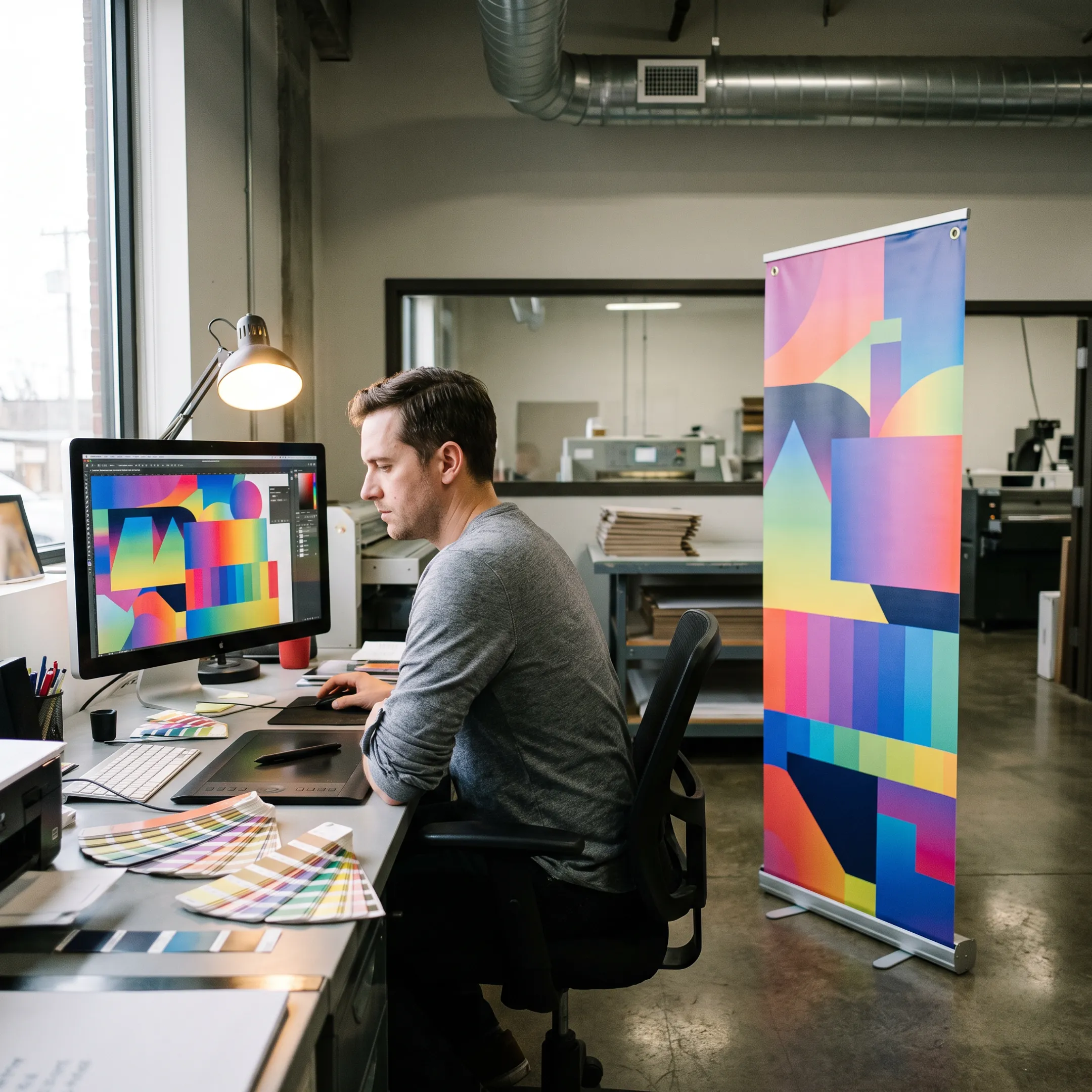 Designer reviewing artwork for a custom promotional banner