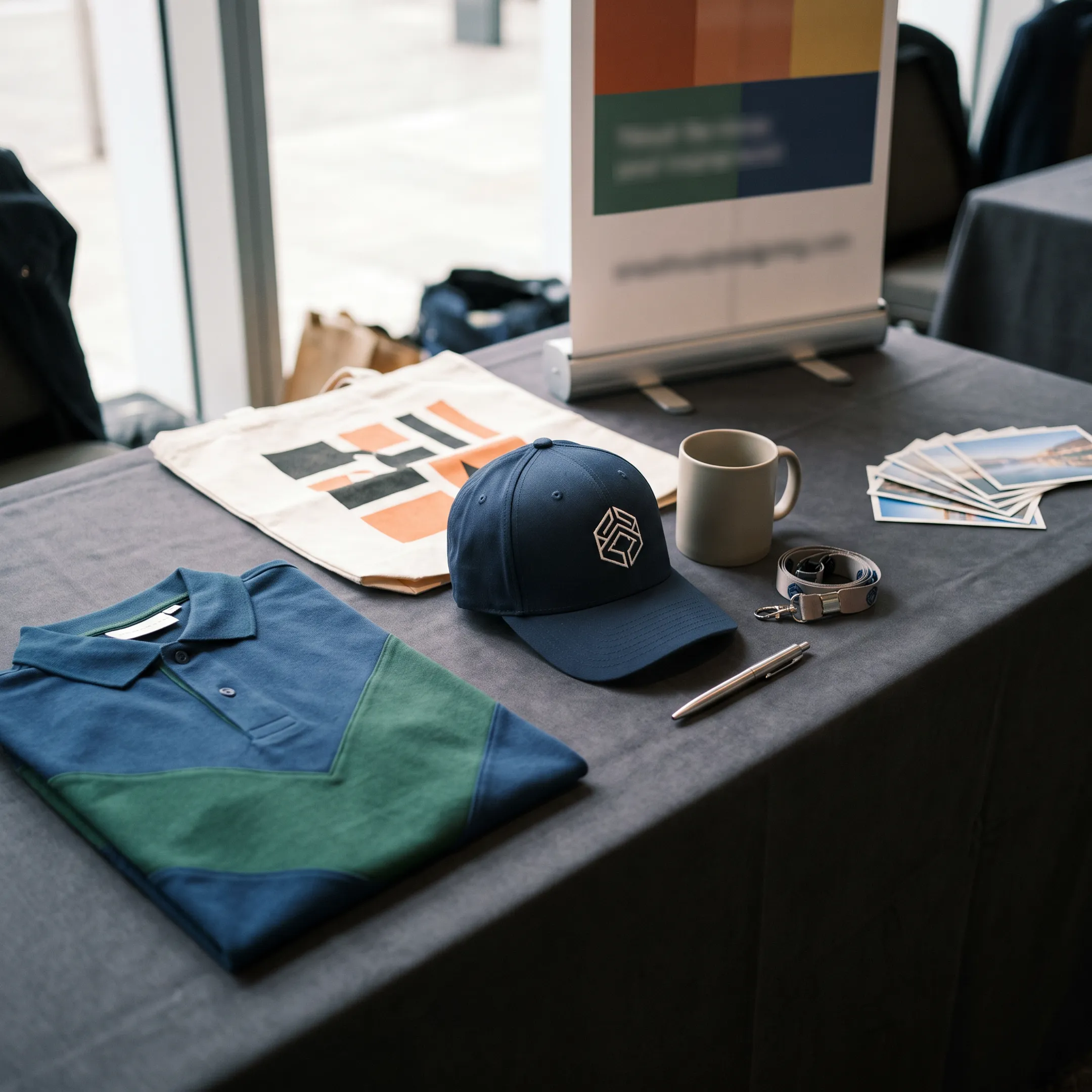 Custom branded apparel and promotional products arranged for a Salt Lake City business event