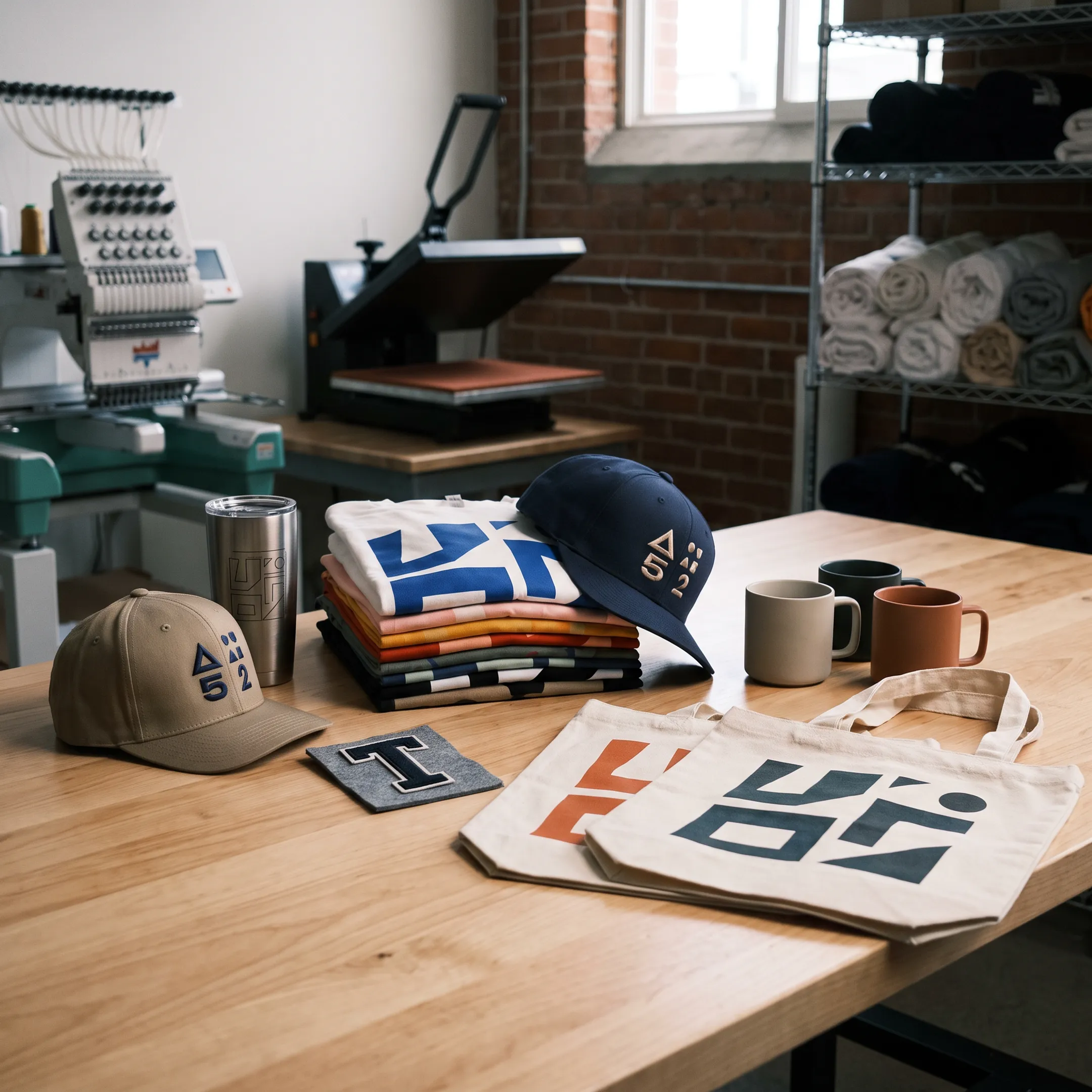 Custom branded shirts, hats, and promotional merchandise prepared for a Utah business
