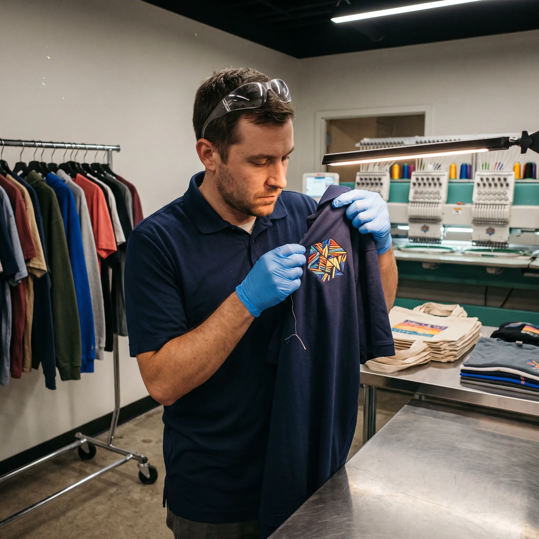 Print professional applying a colorful logo to custom promotional apparel