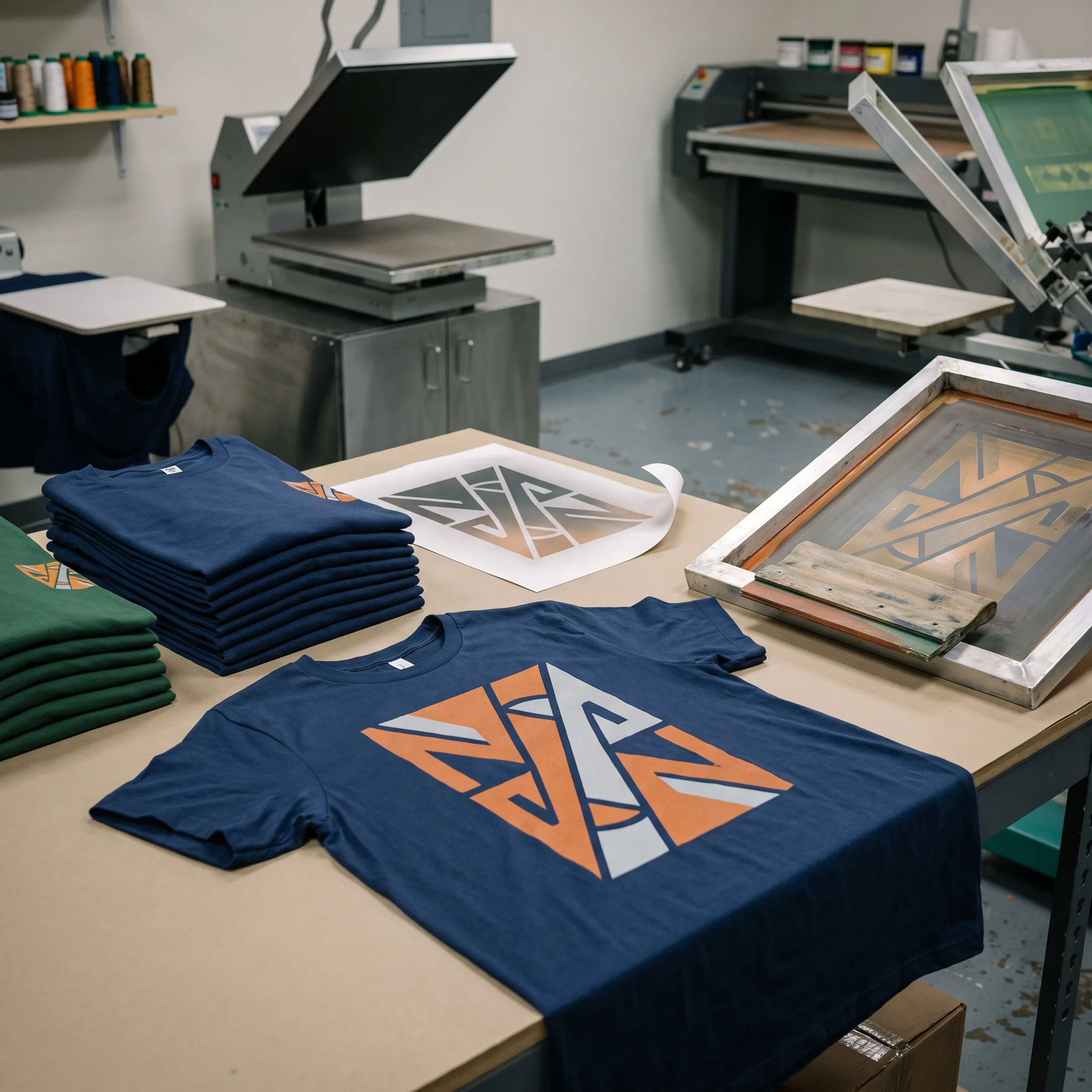 Custom team shirts being prepared for printing on a production table