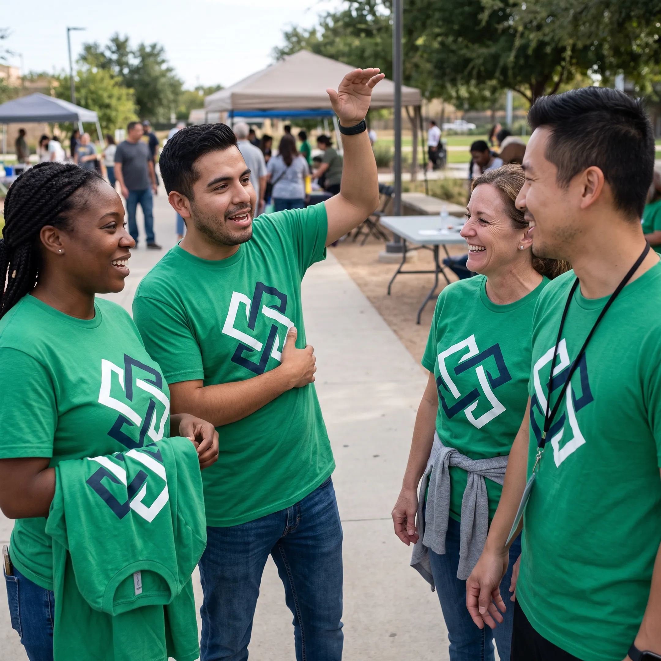 Team members wearing coordinated custom printed shirts at a group event