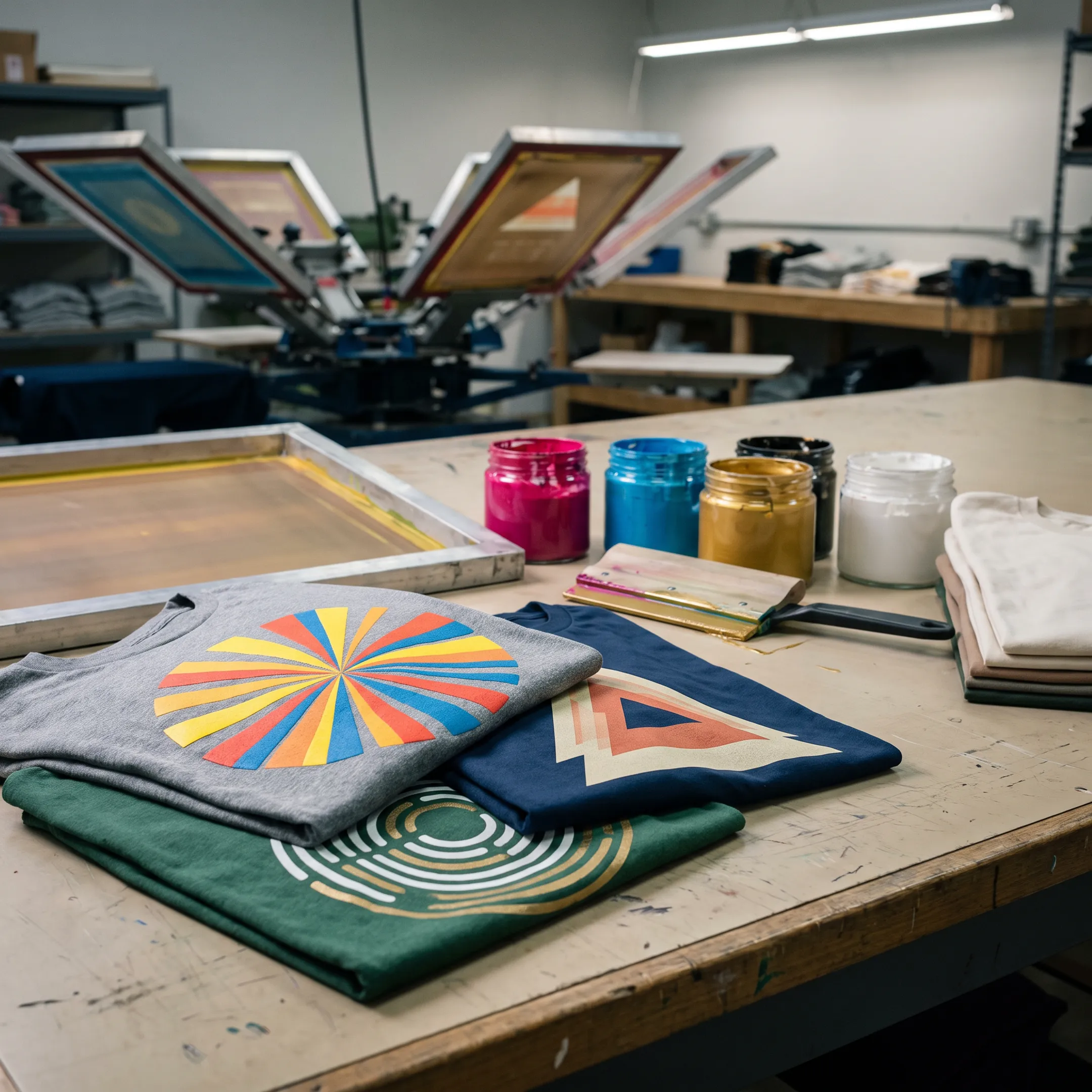 Finished custom screen printed shirts arranged for a Utah organization