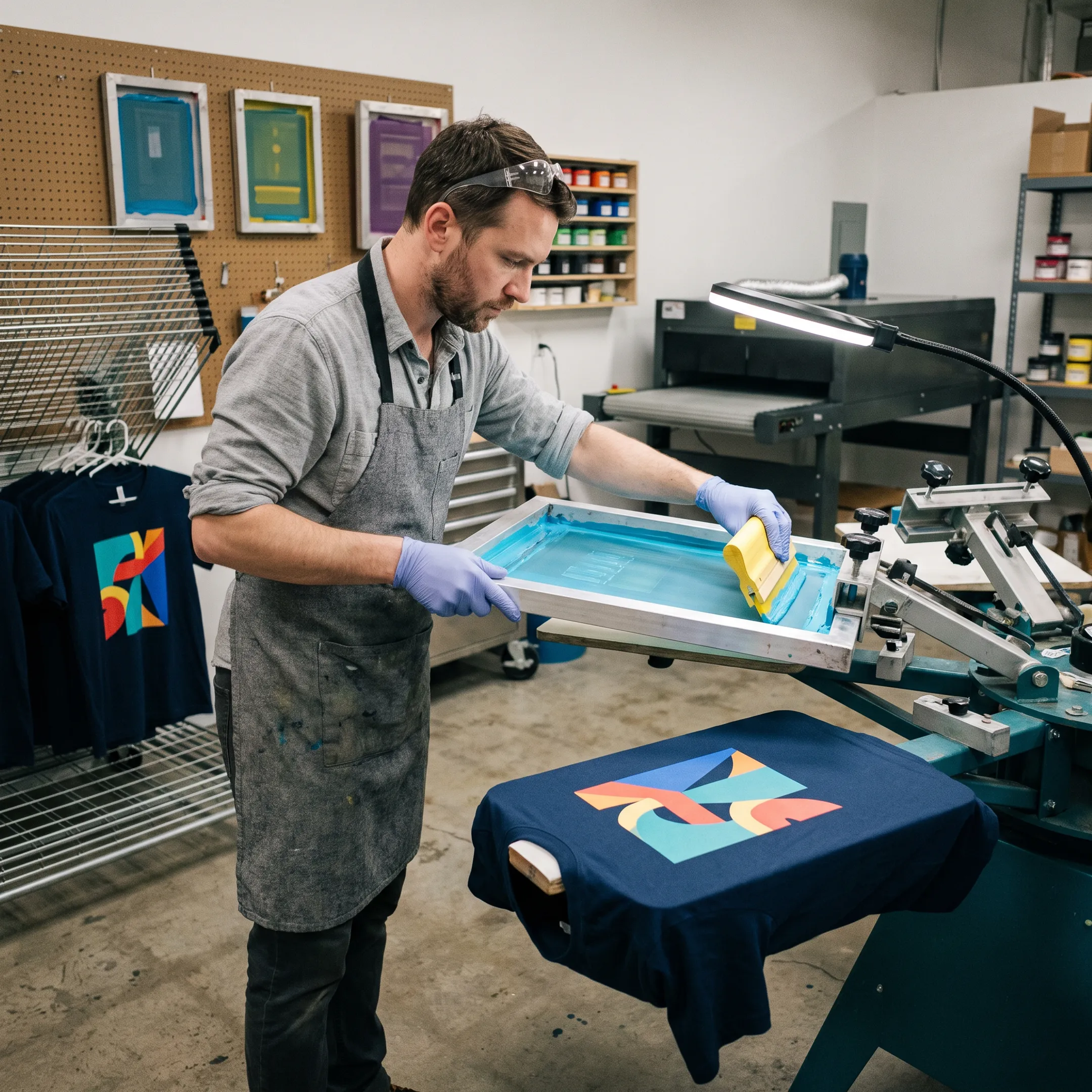 Screen printing team producing colorful custom shirts in a Utah print shop