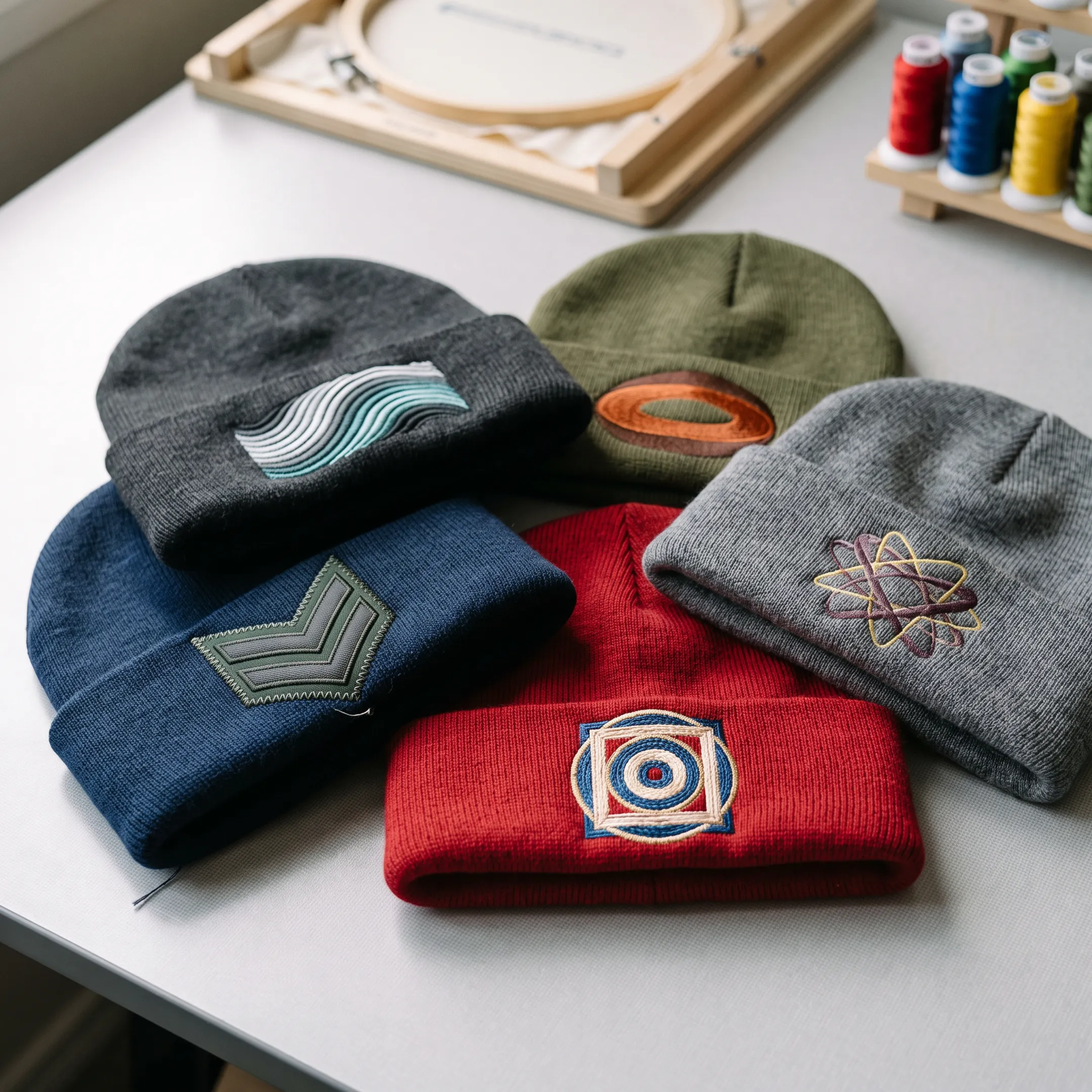 Custom embroidered beanies displaying colorful business logos on a worktable