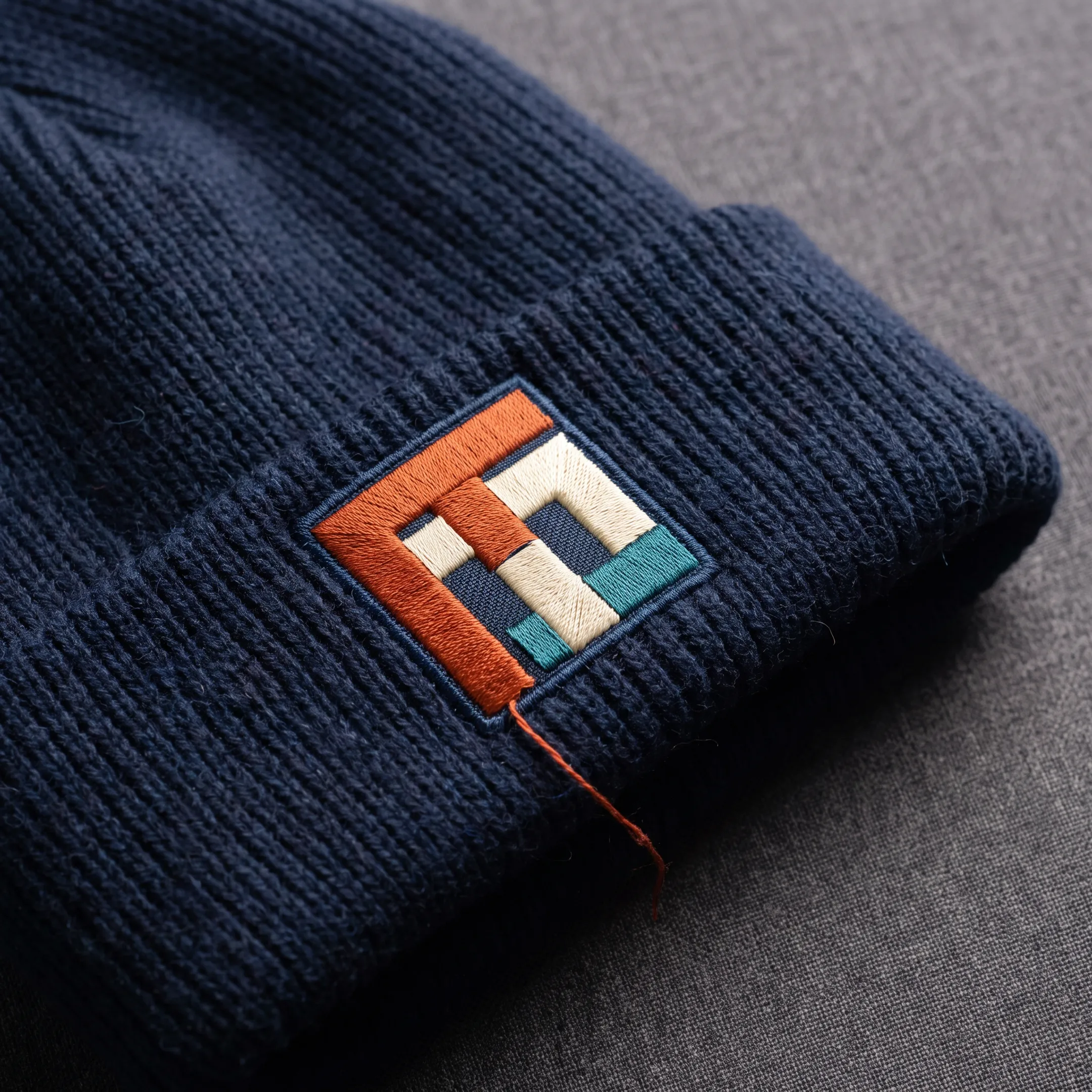 Close-up of a branded beanie with detailed embroidered lettering
