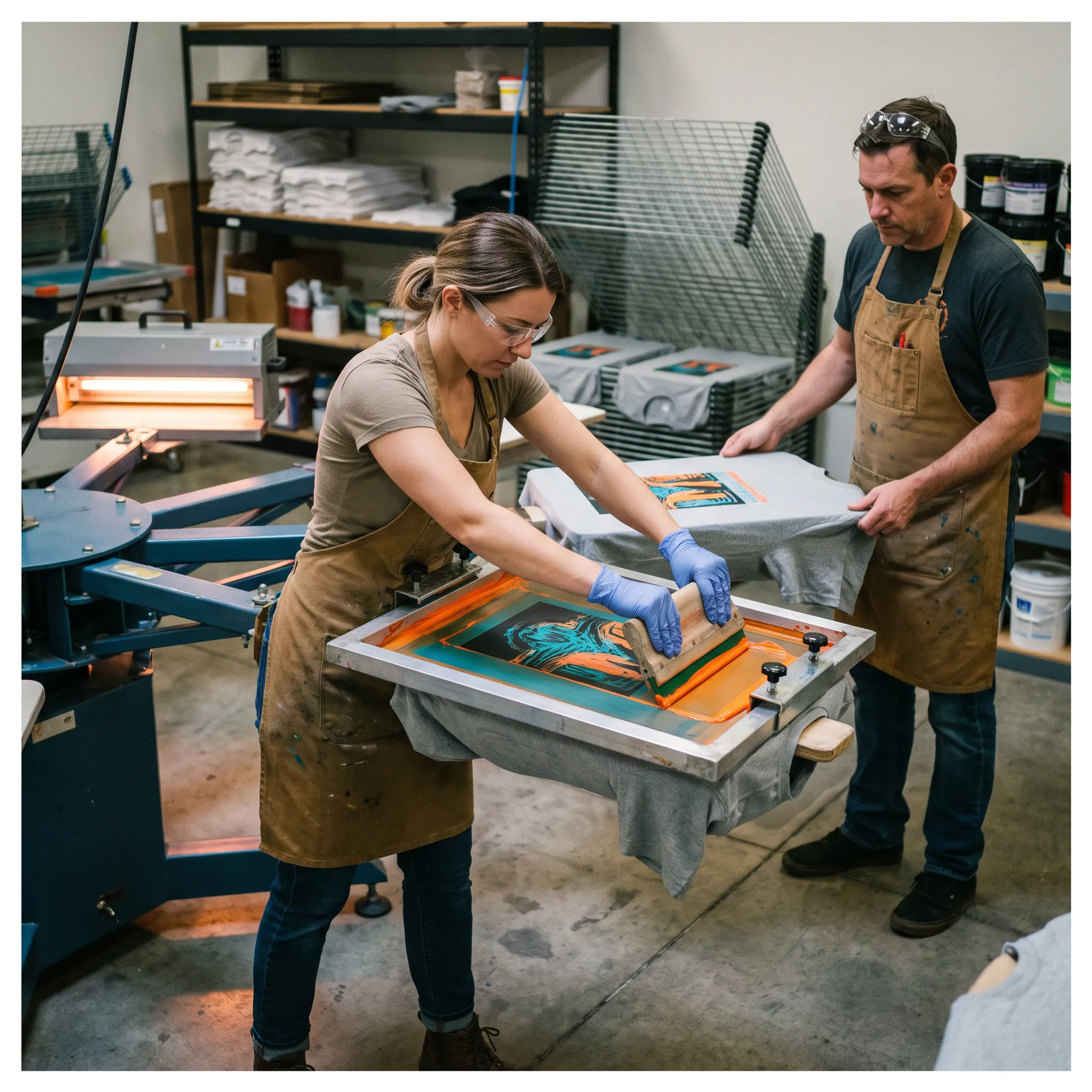 Screen printing custom shirts with a colorful branded design