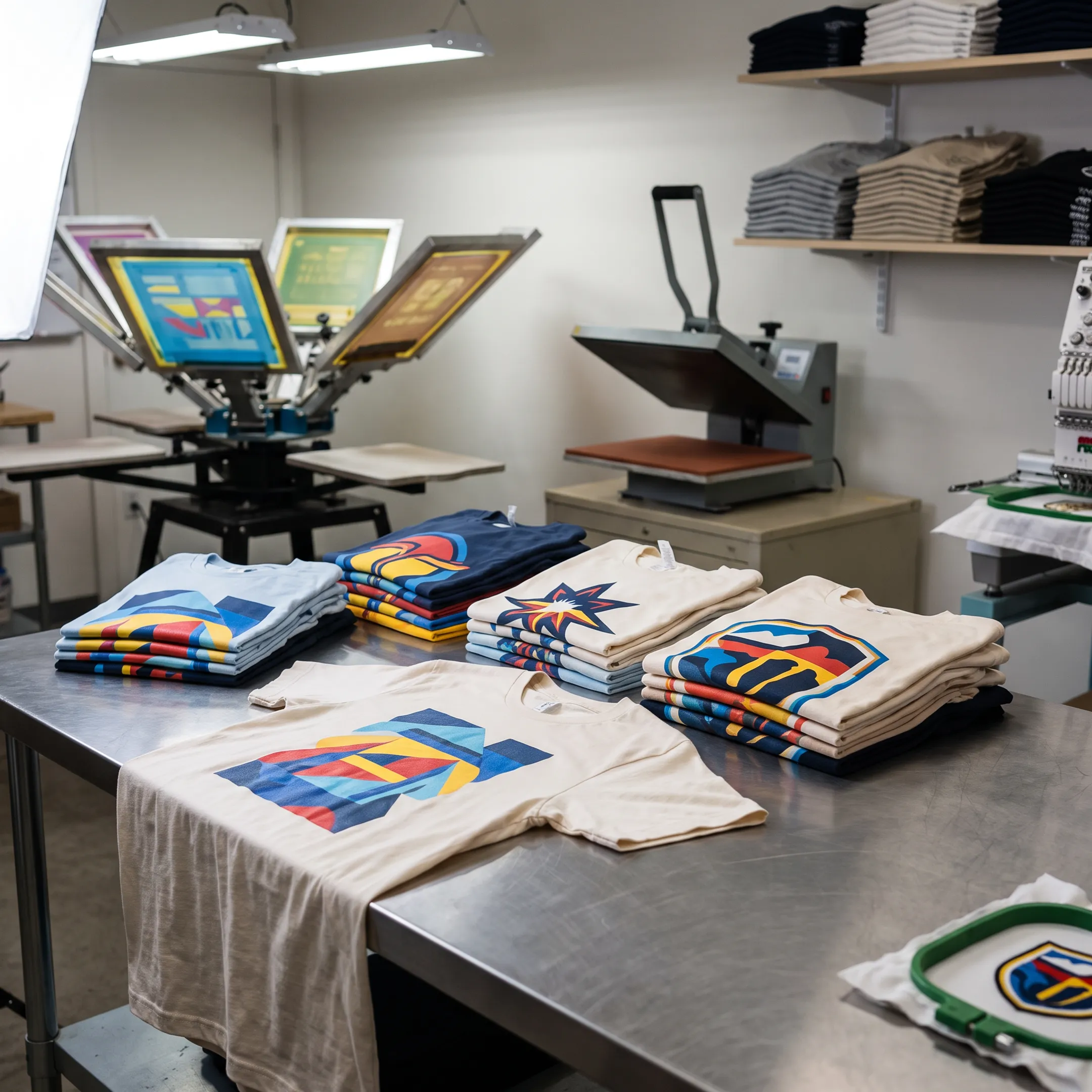 Finished custom screen printed shirts displayed for a group order
