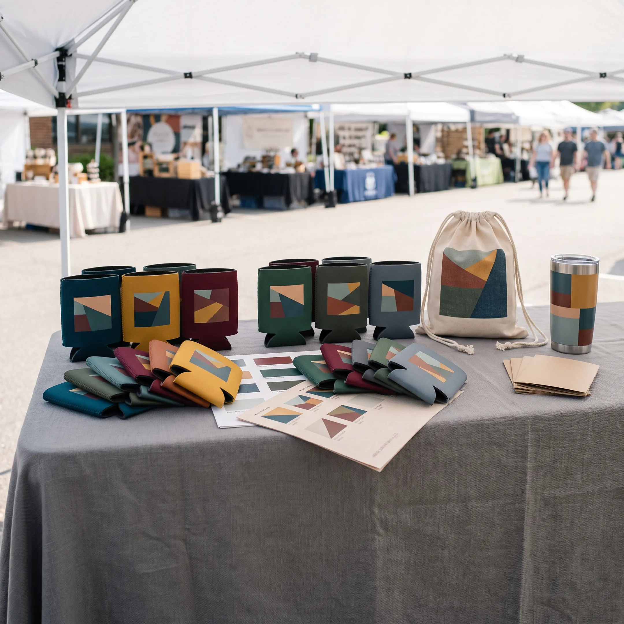 Personalized beer koozies and can coolers arranged with branded designs for an event
