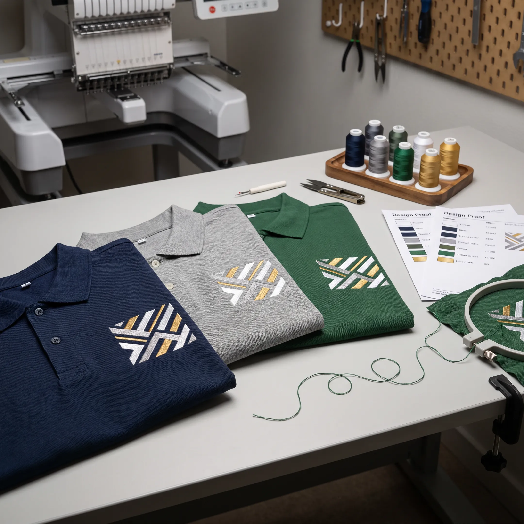 Custom embroidered polo shirts arranged for a business team