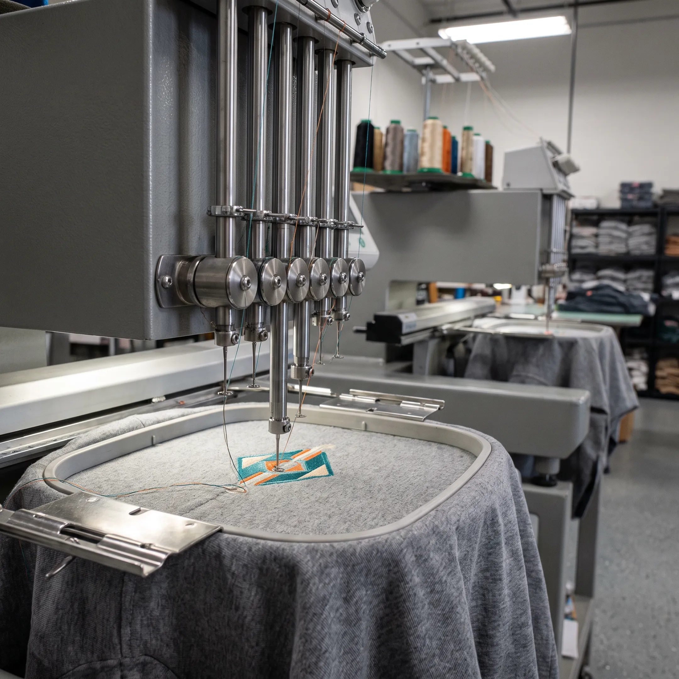 Technician embroidering a logo onto a custom shirt