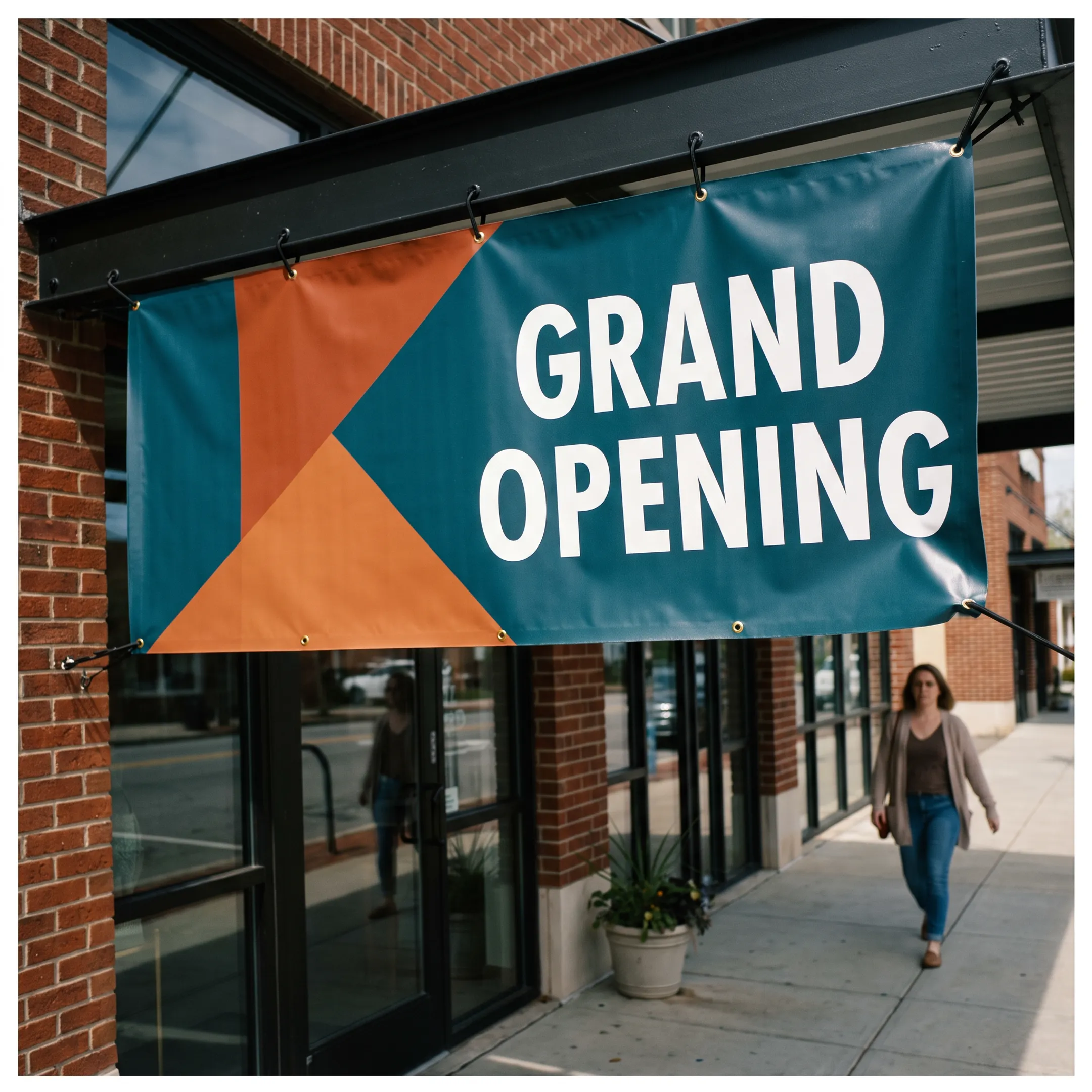Custom business banner displayed outside a storefront with clear branded graphics