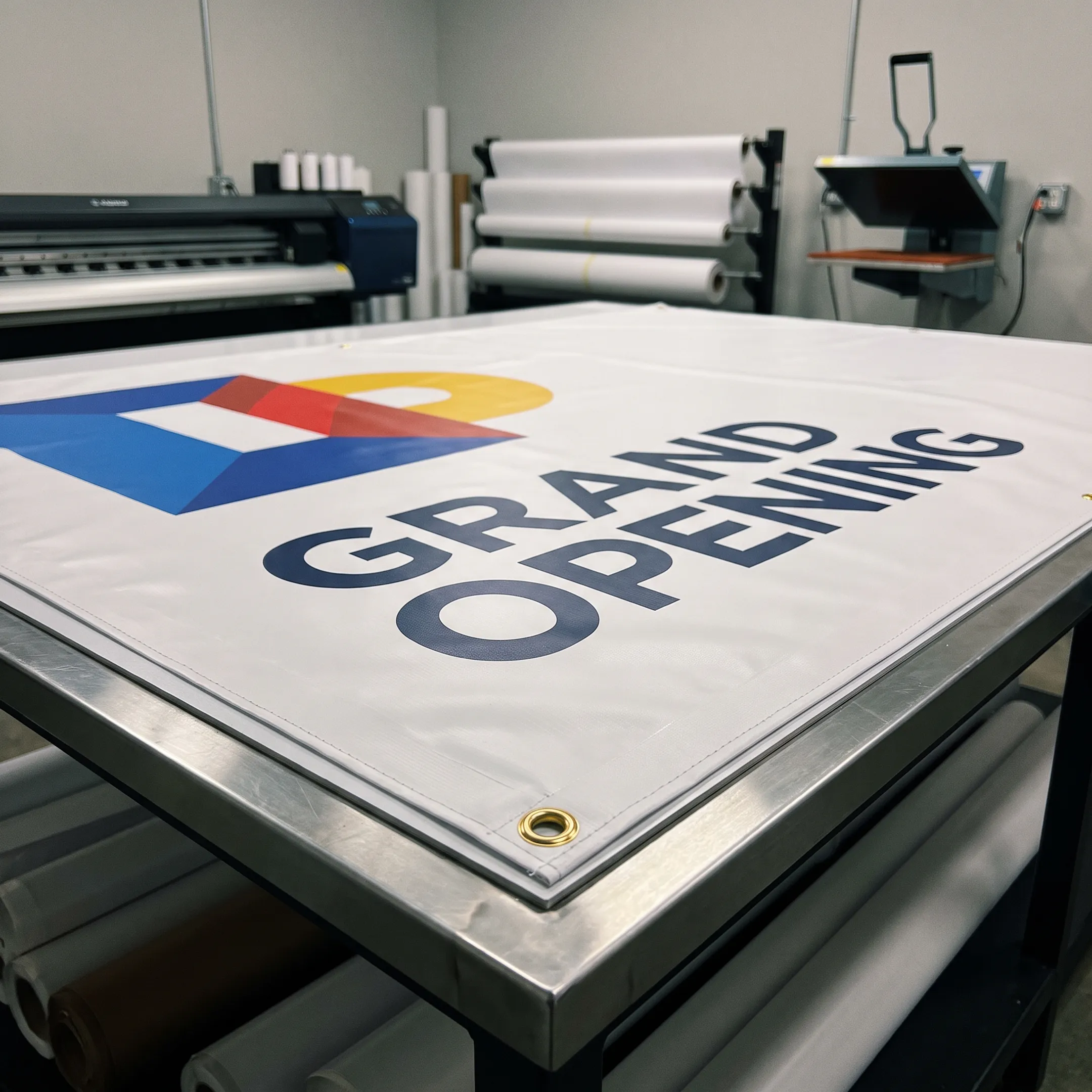 Printed custom business banner featuring a company logo and promotional message