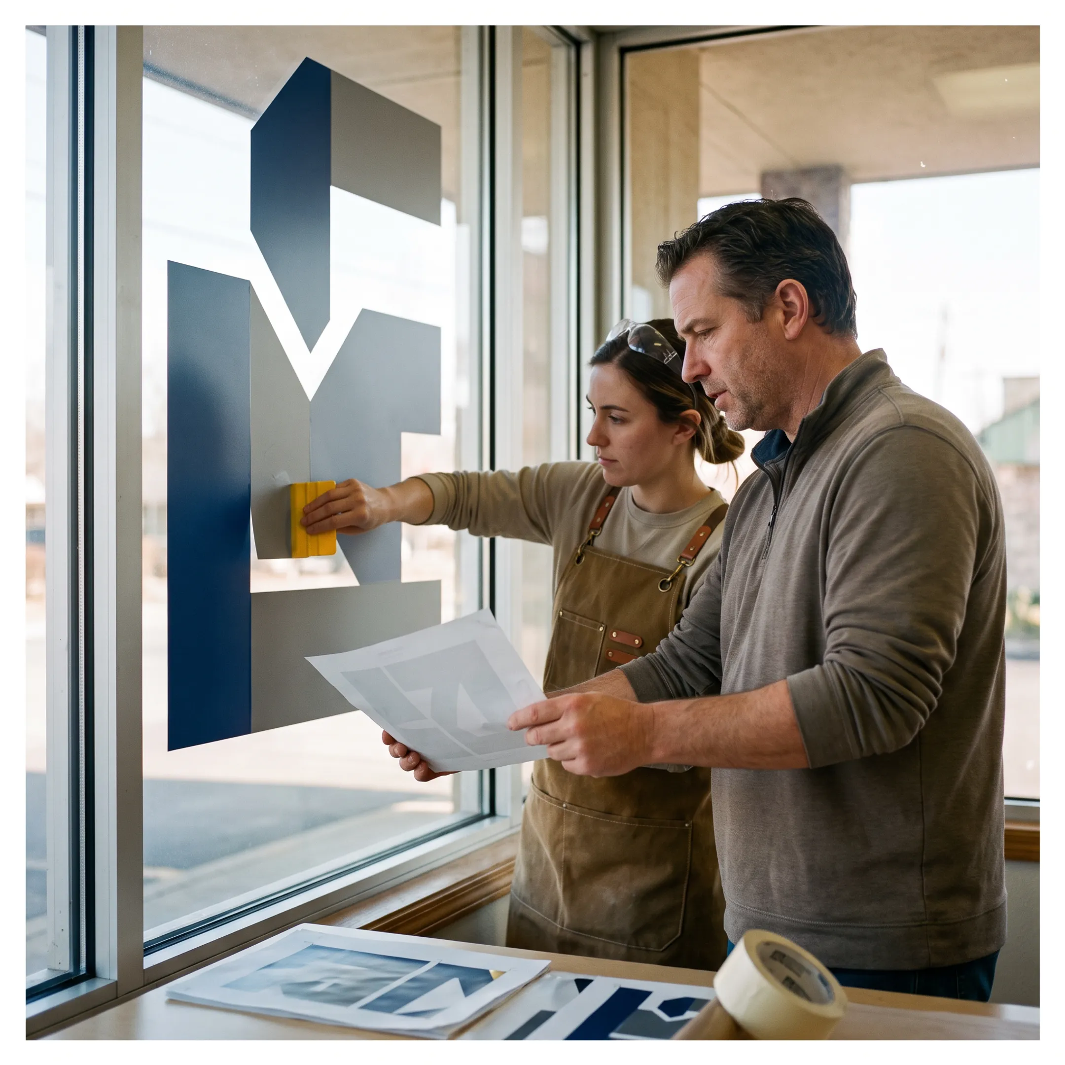 Business owner reviewing custom window decal artwork