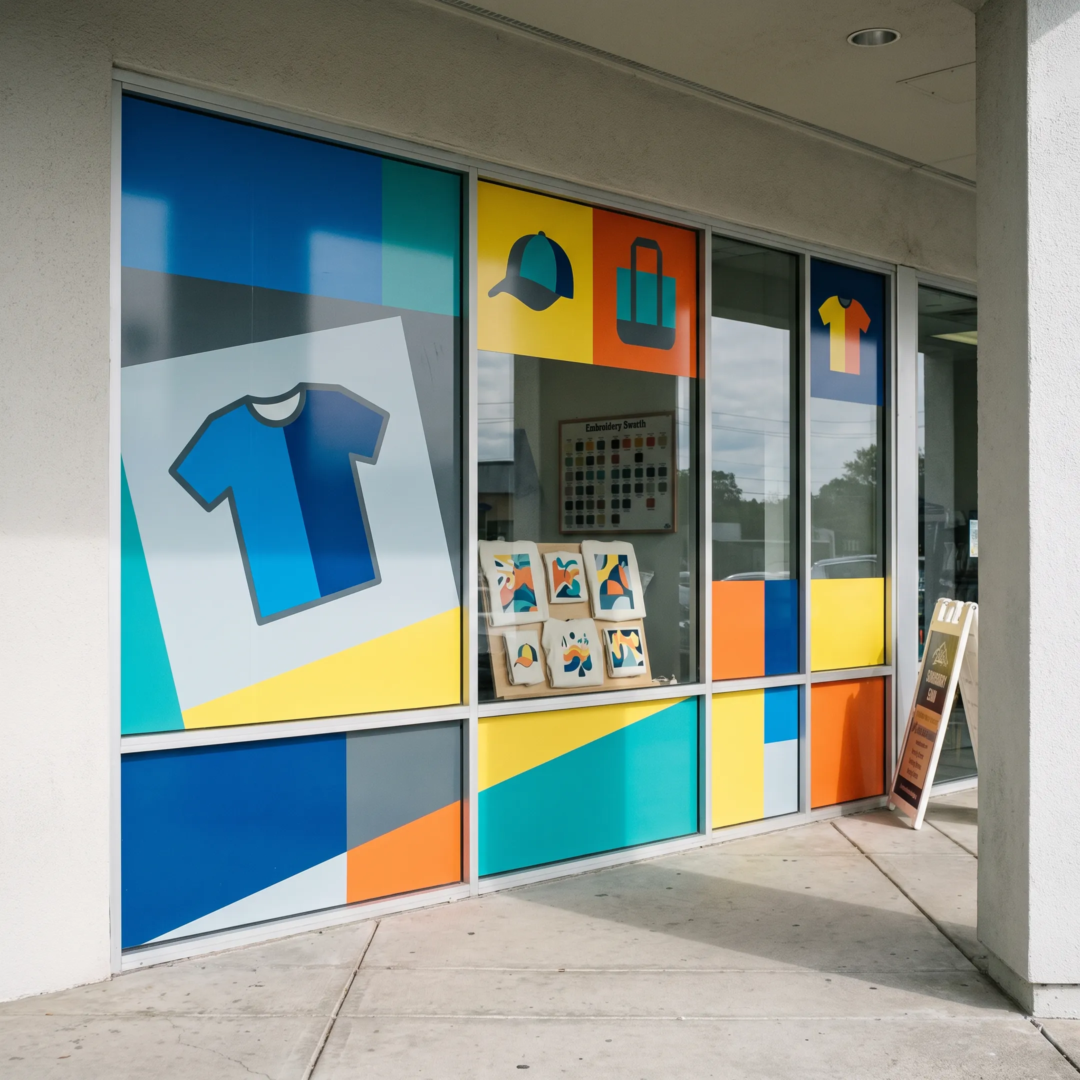 Custom business window decals displayed on a storefront