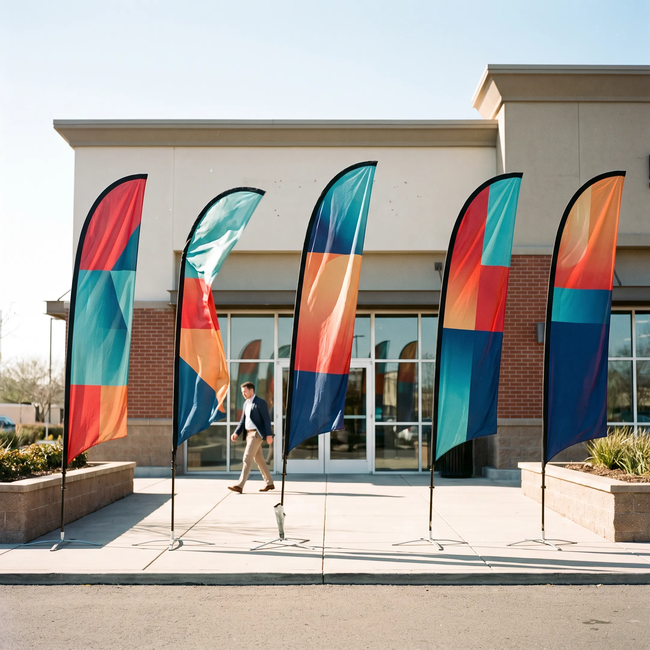 Custom branded feather flags displayed outside a business and event entrance