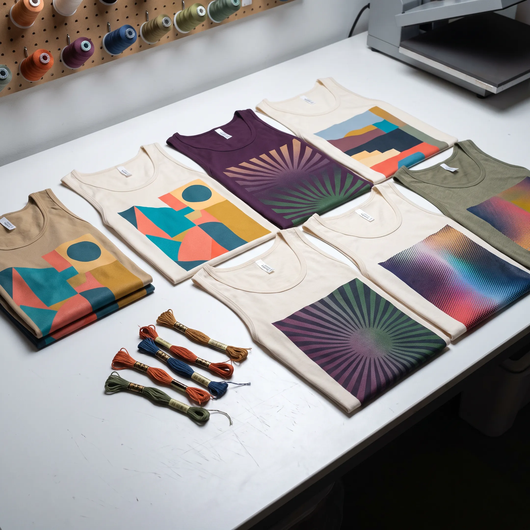 Custom printed tank tops displayed with colorful logos and designs