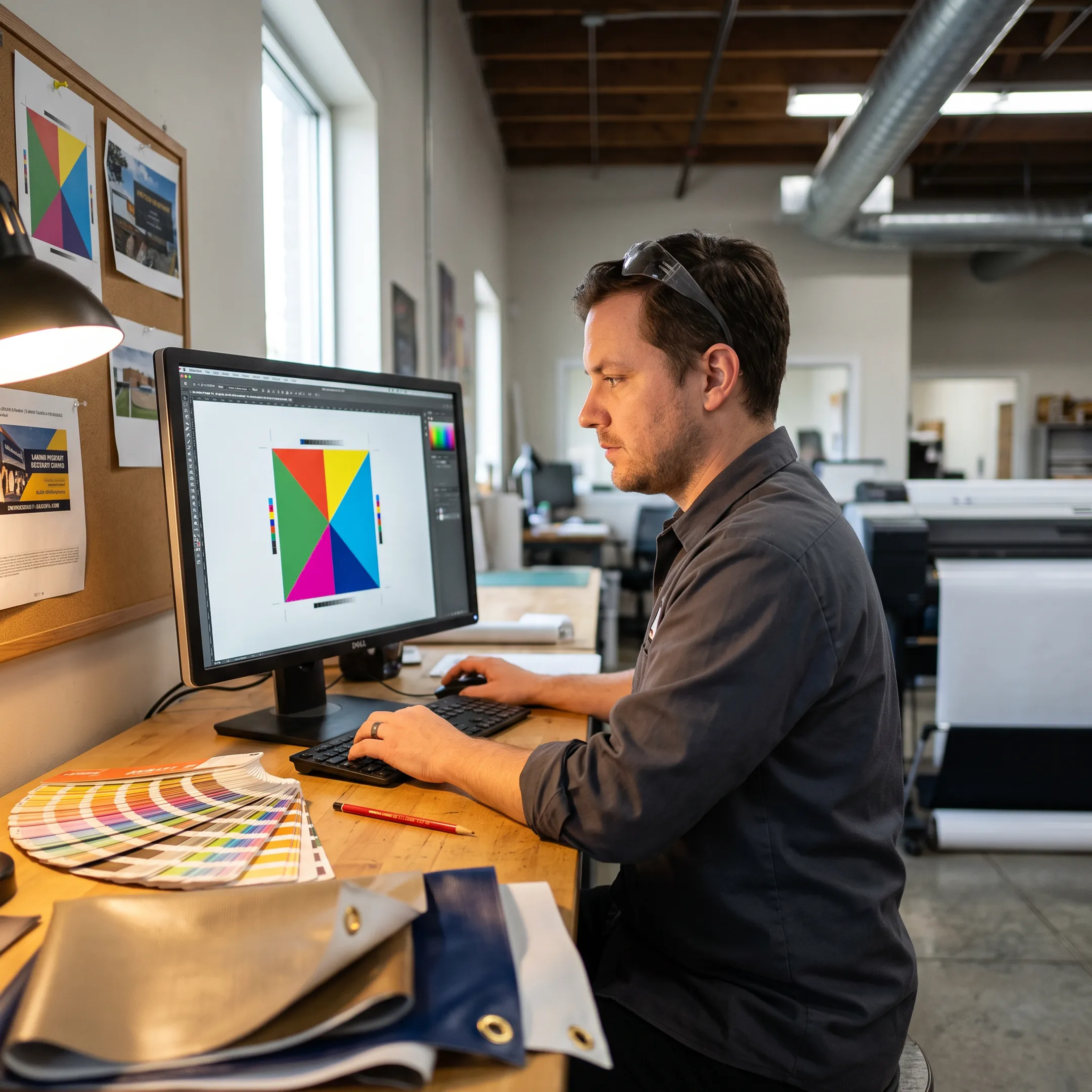 Printer reviewing artwork for a custom outdoor business sign