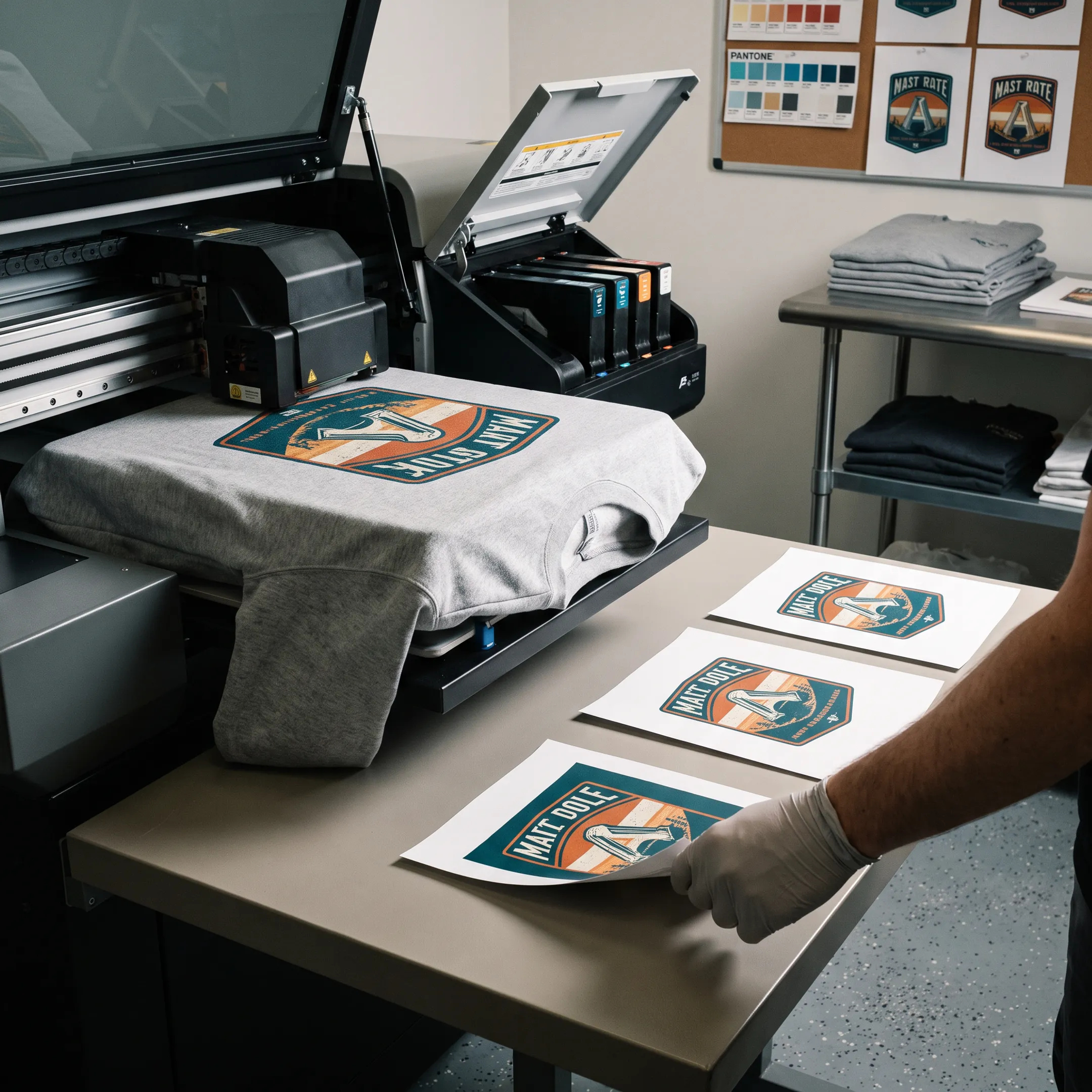 DTG printer applying a colorful design to a custom garment