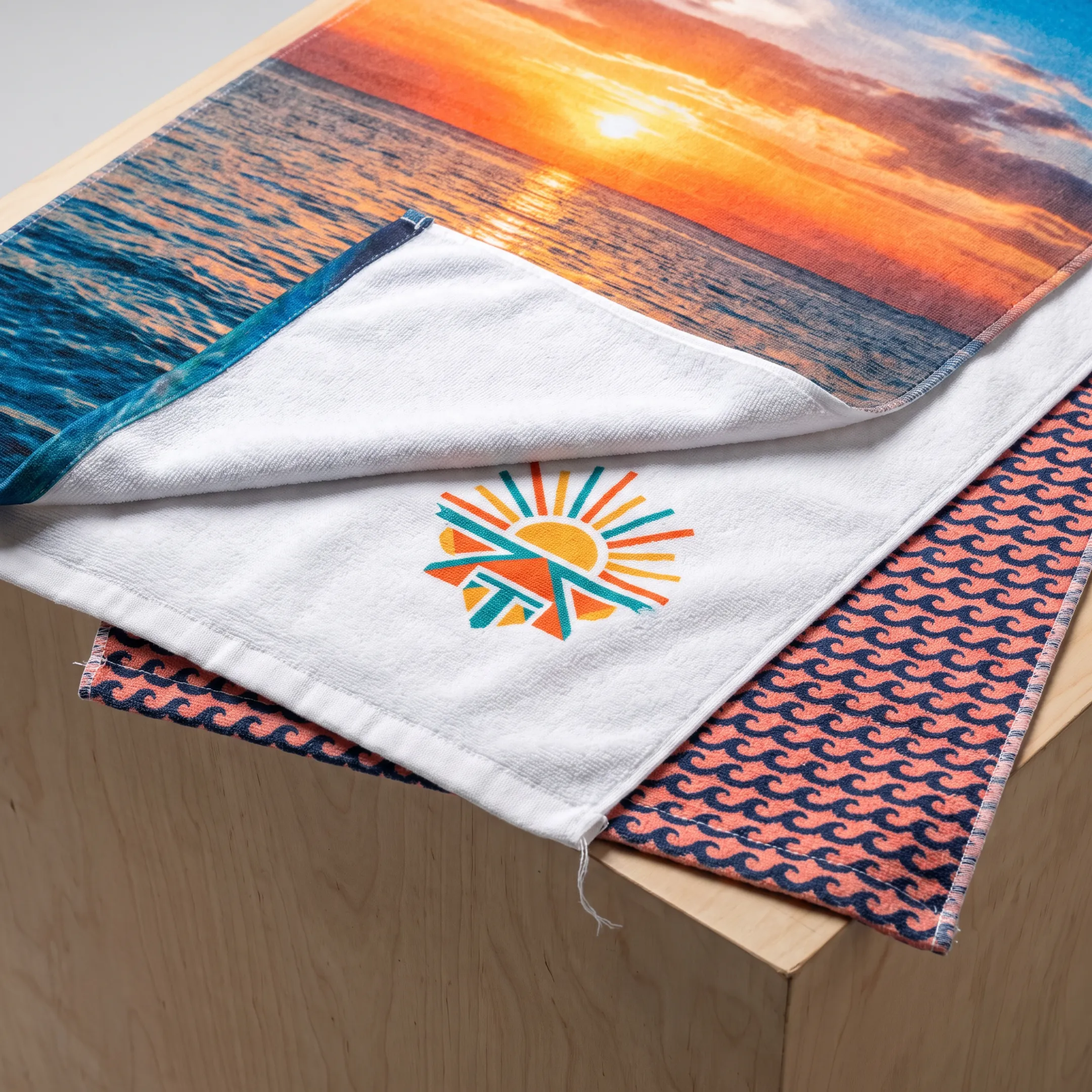 Printed beach towels featuring custom logos and colorful artwork for an event