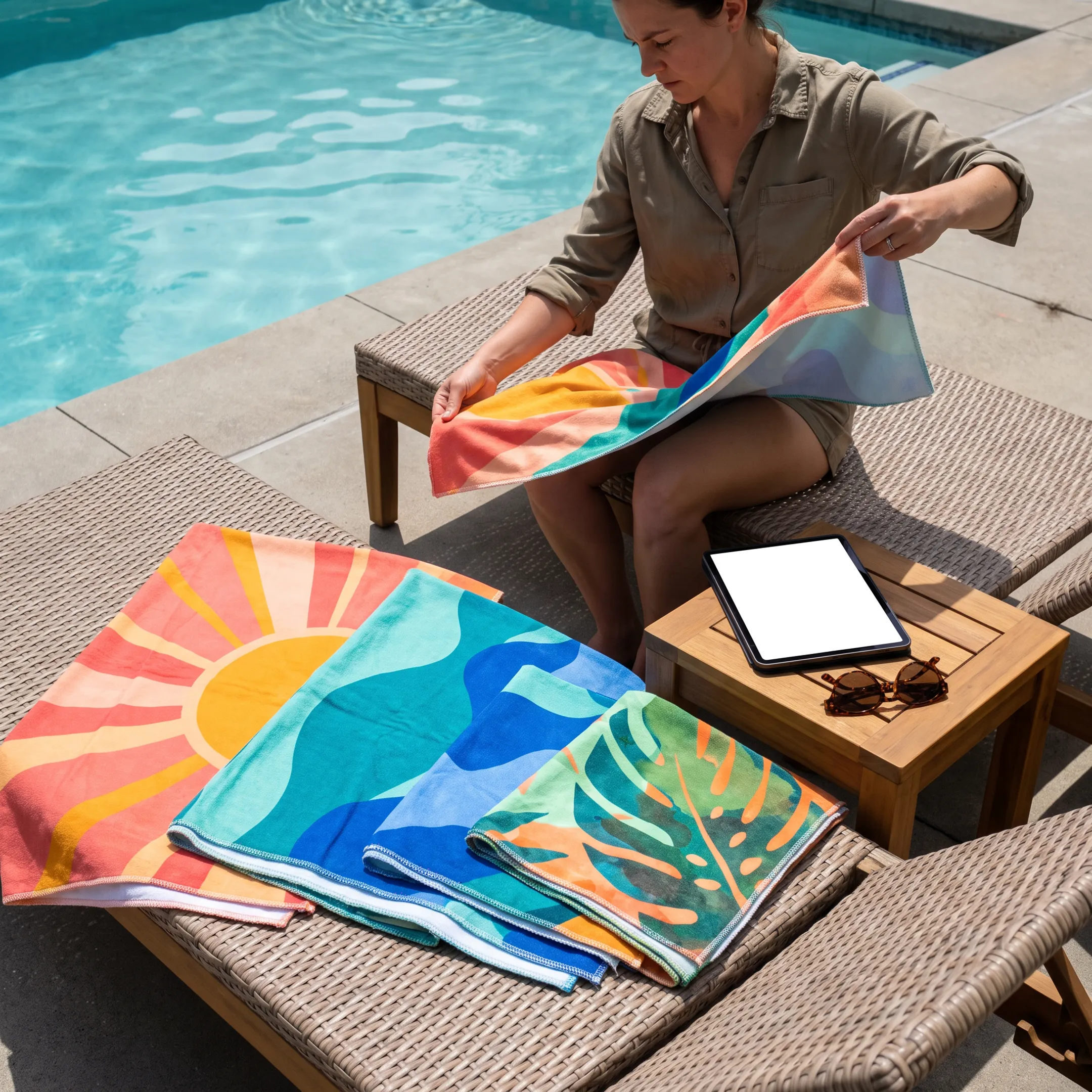 Custom printed beach towels displaying colorful branded designs at a sunny poolside setting