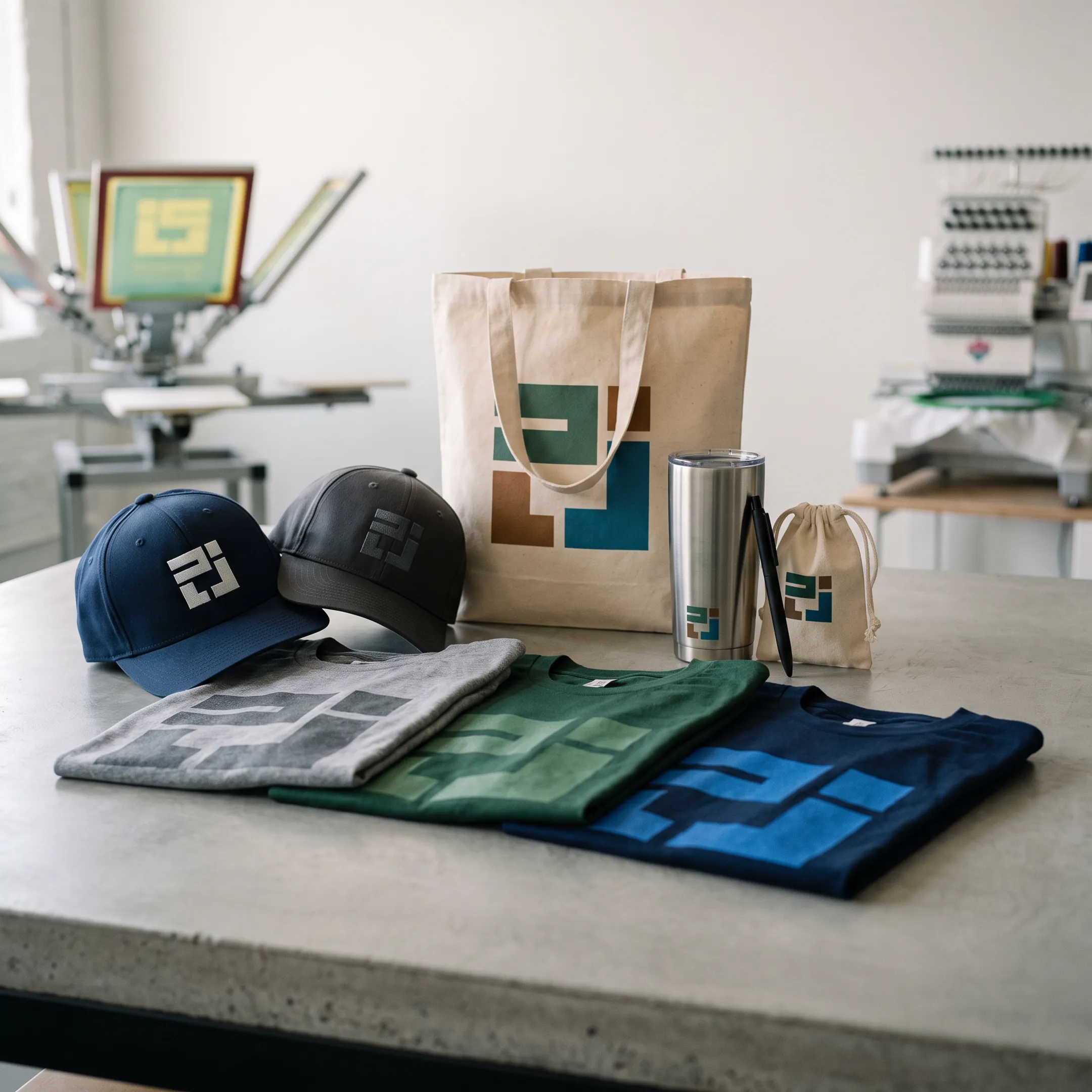 Custom branded apparel and promotional merchandise arranged for a business or event