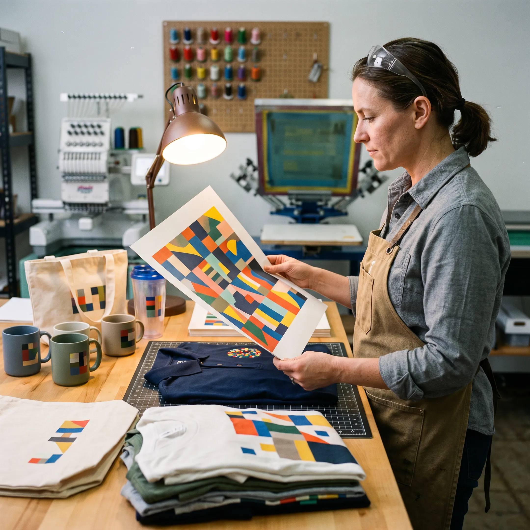 Print professional reviewing branded apparel artwork and merchandise options