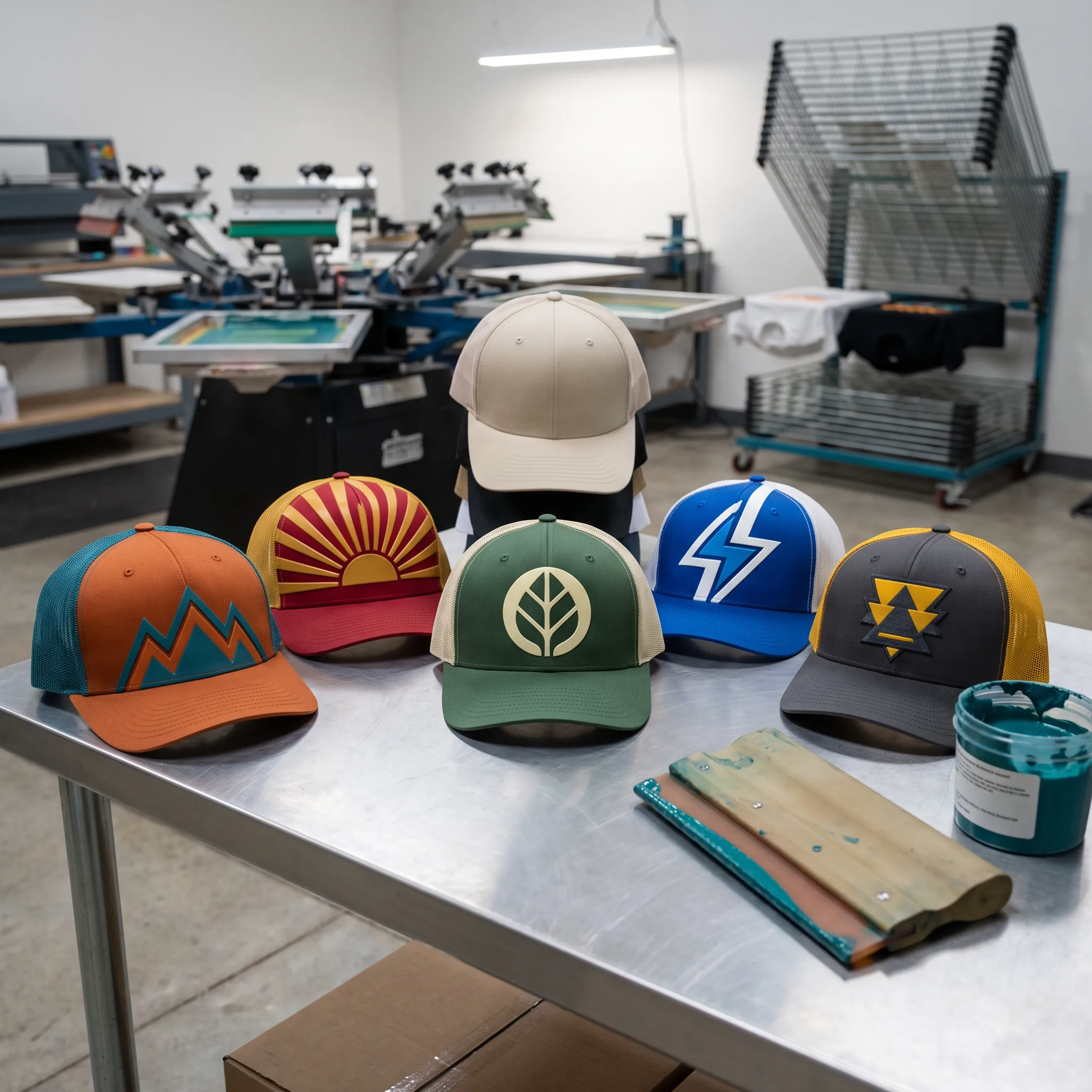 Custom branded hats with colorful printed logos arranged in a Utah print shop