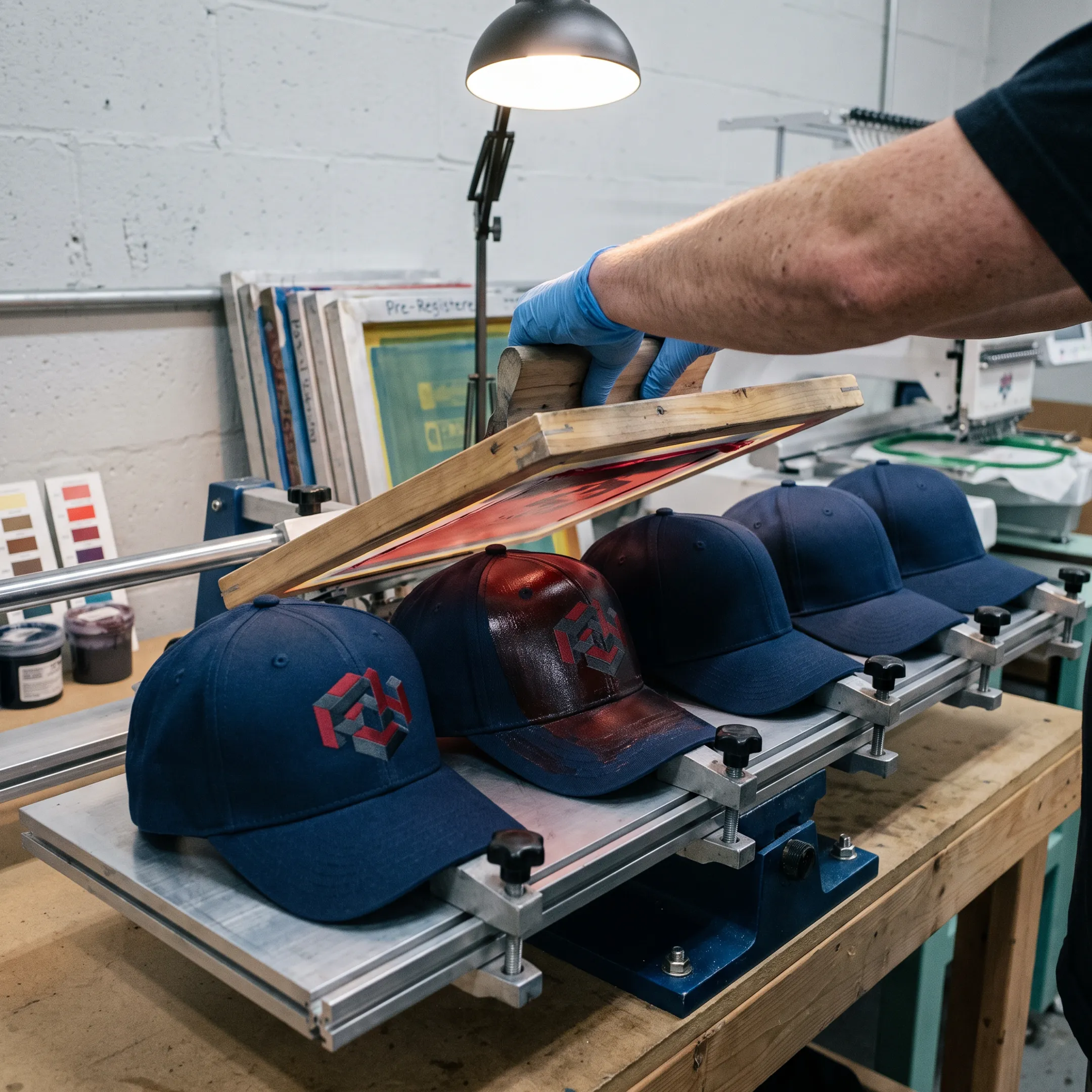 Printer preparing branded hats with custom logo artwork