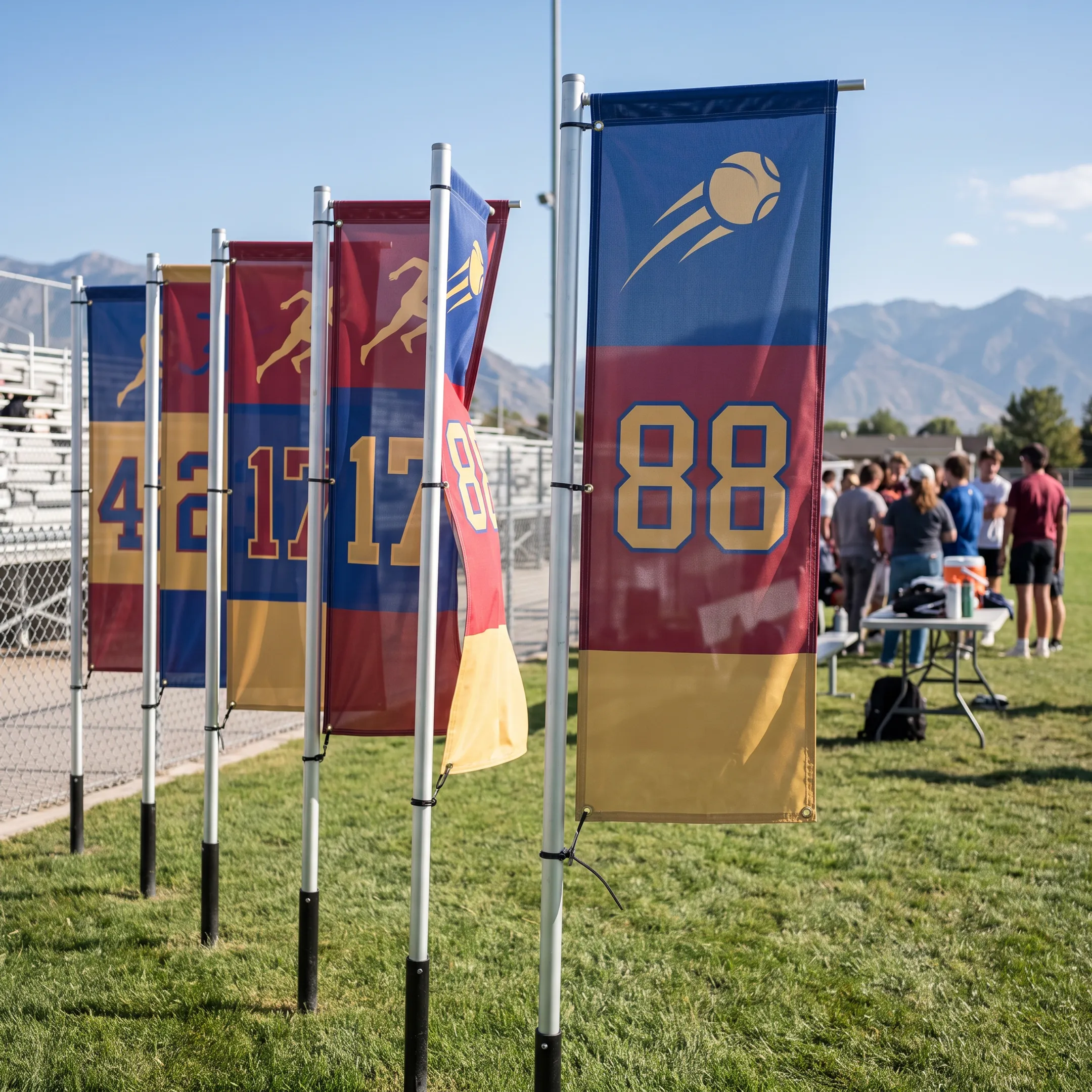 Custom sports team banner displayed at an outdoor field