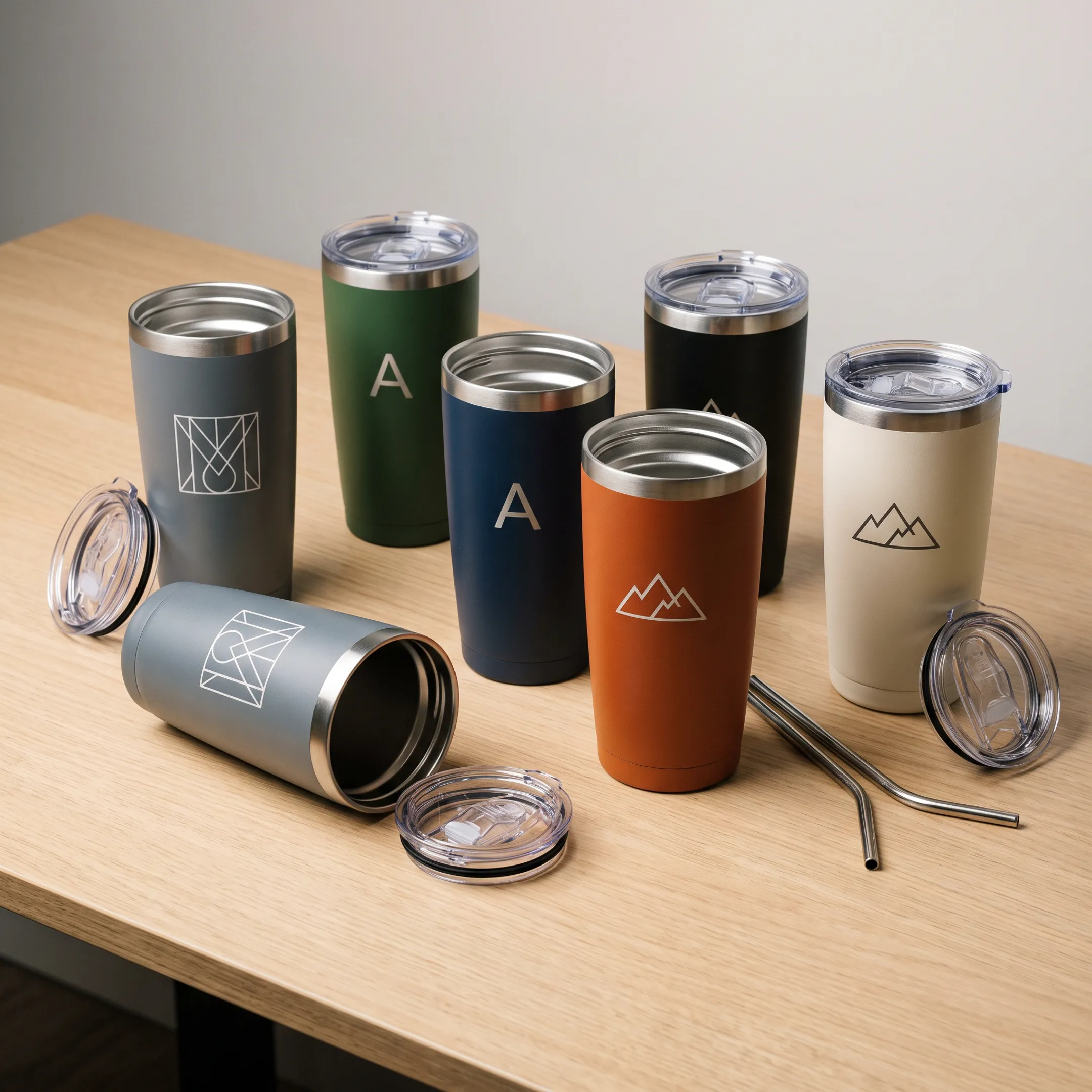 Custom personalized coffee tumblers with colorful branded designs on a display table