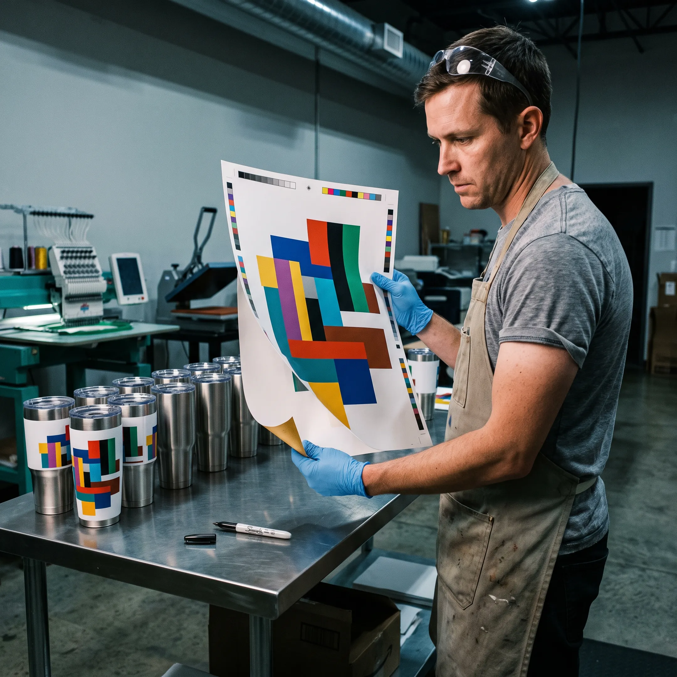 Designer reviewing artwork for personalized branded coffee tumblers