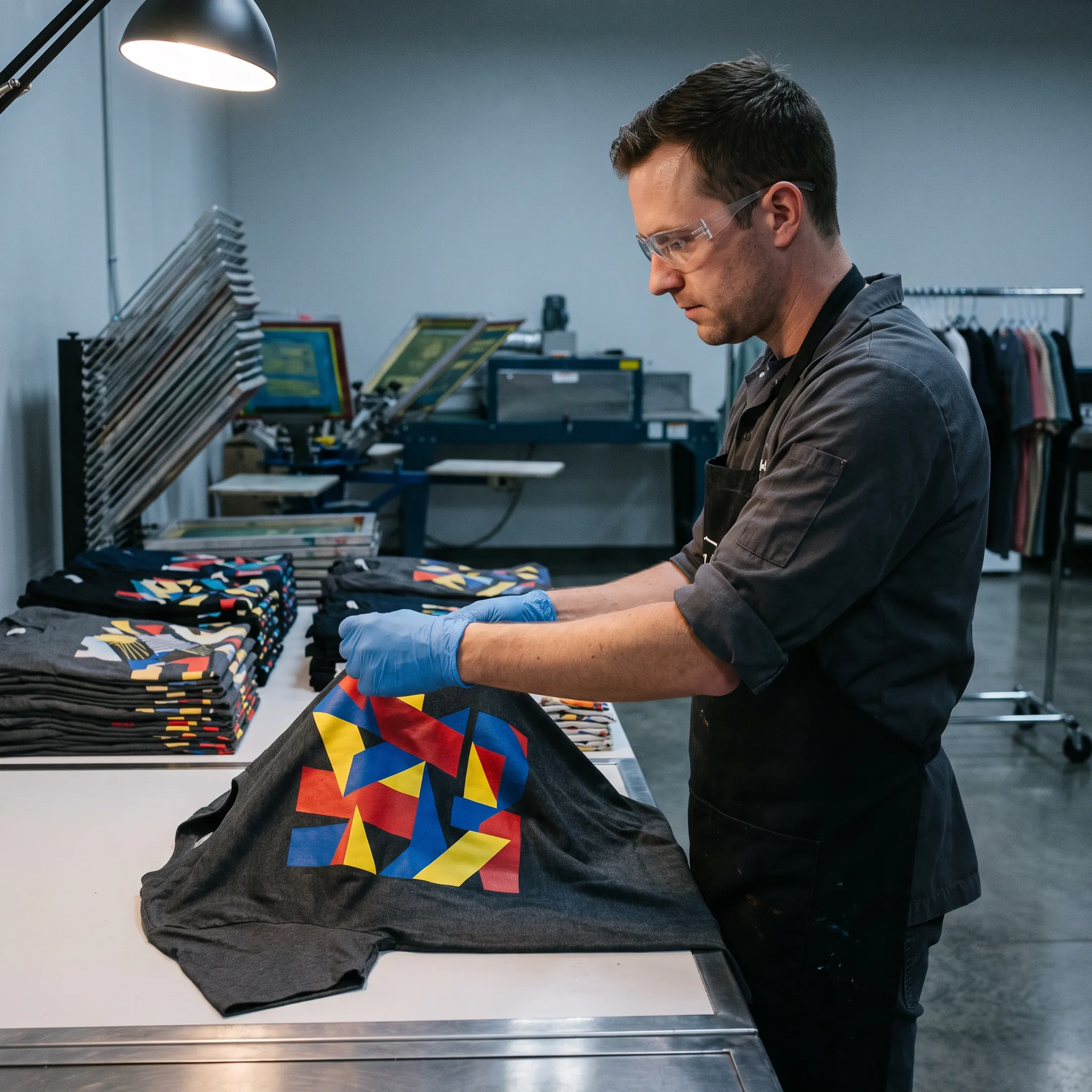 Custom printed t-shirts arranged in a Utah print shop