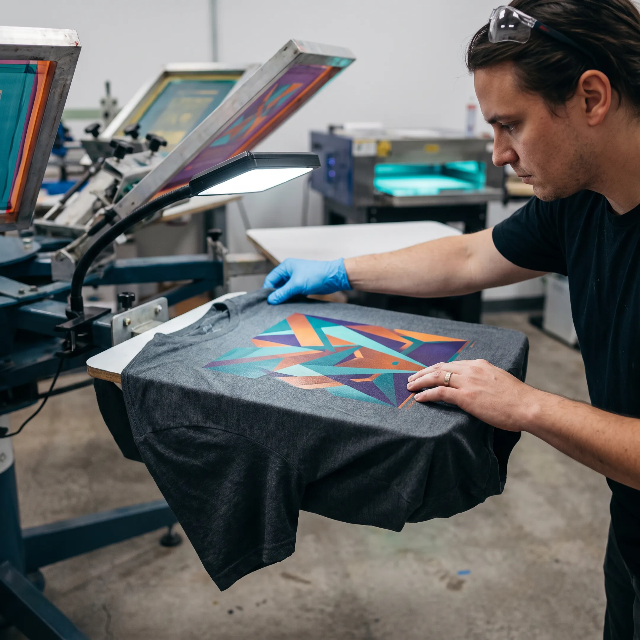 Technician inspecting a detailed custom t-shirt print