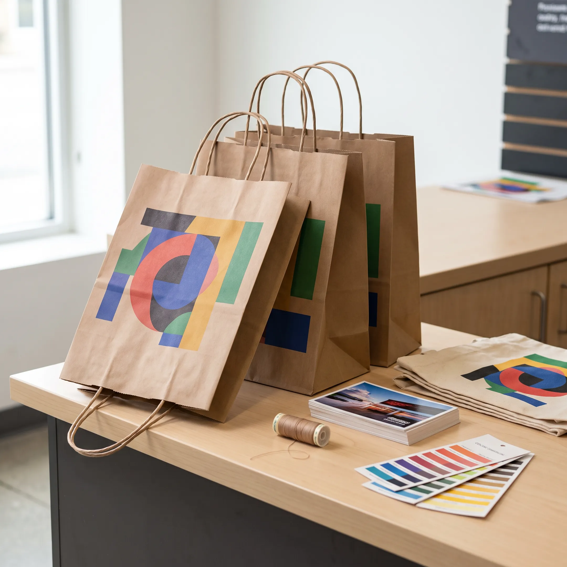 Custom printed paper bags with colorful business logos arranged on a retail counter