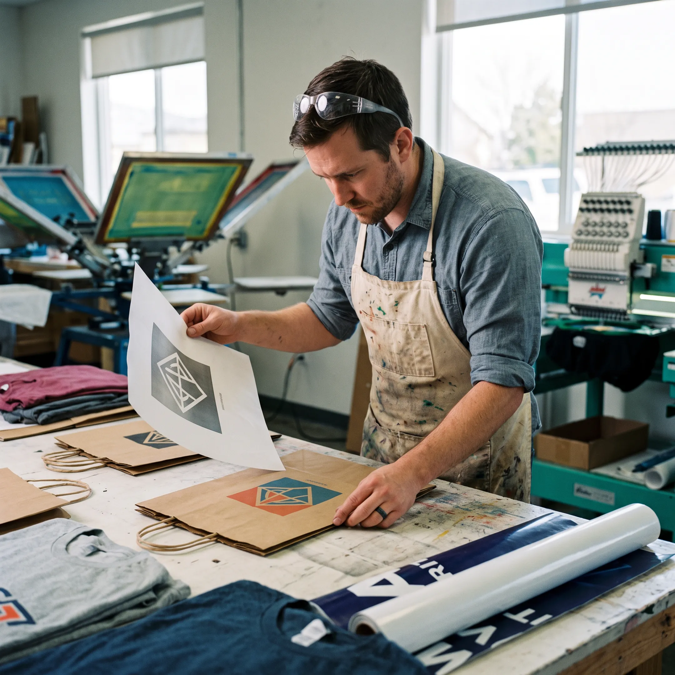 Designer reviewing a logo on custom branded paper bag artwork