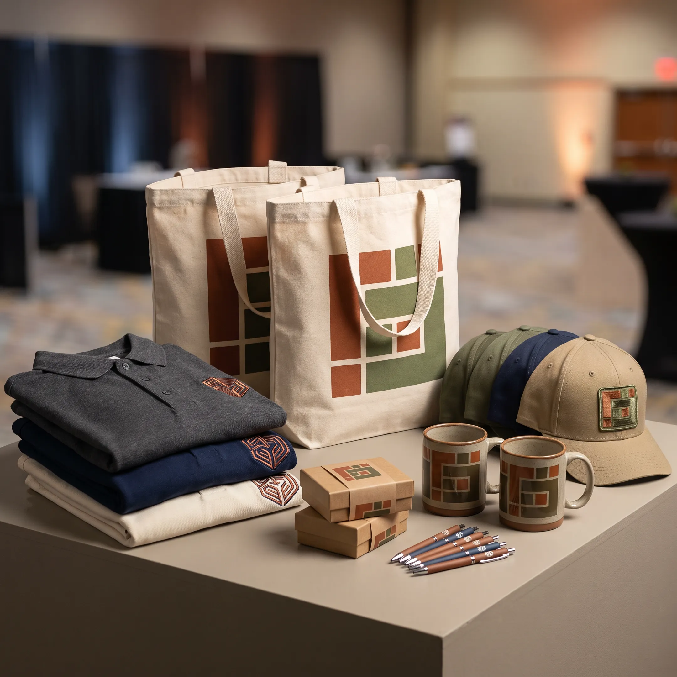 Branded company gifts and logo merchandise arranged on a workplace table