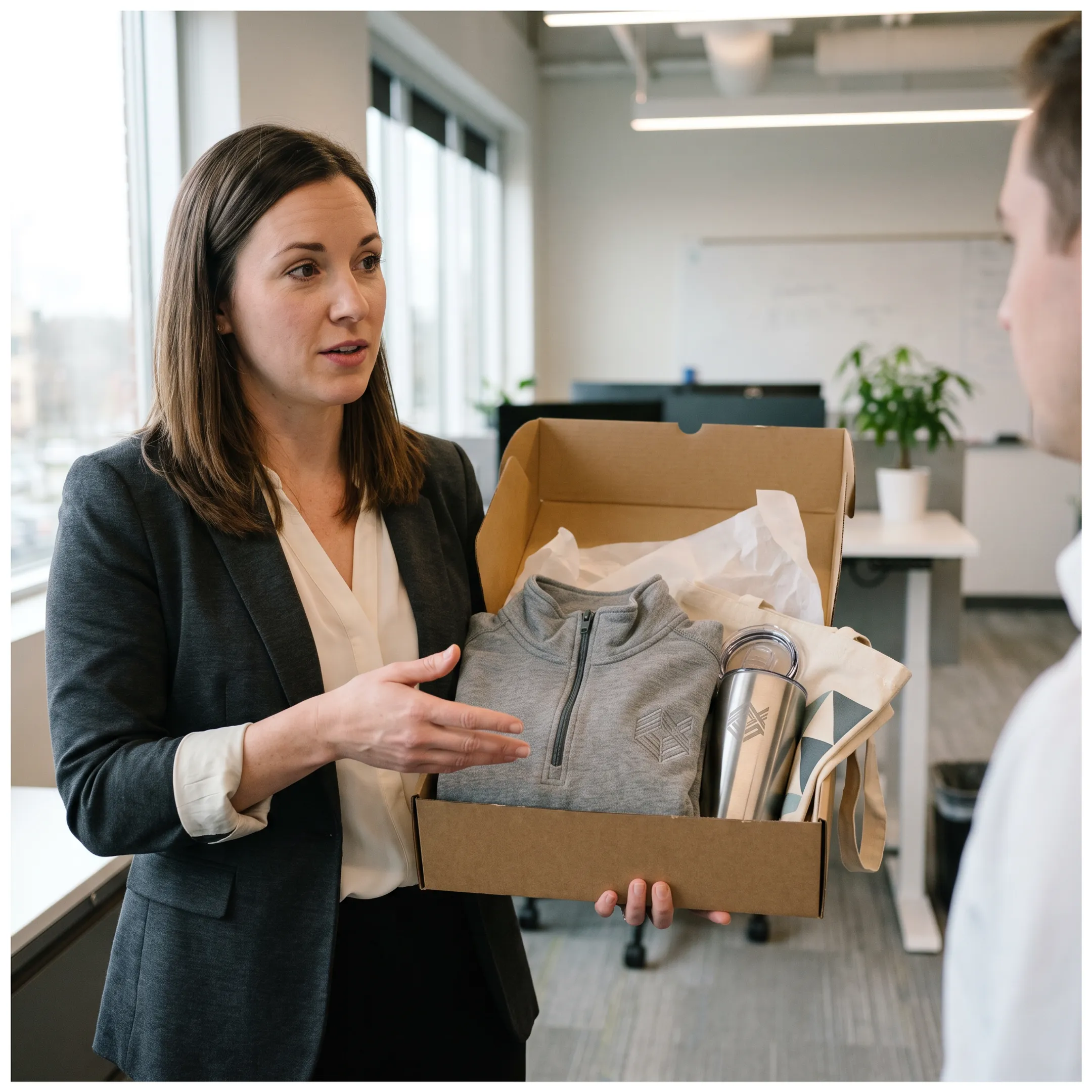 Employee receiving a custom branded company gift with a printed logo