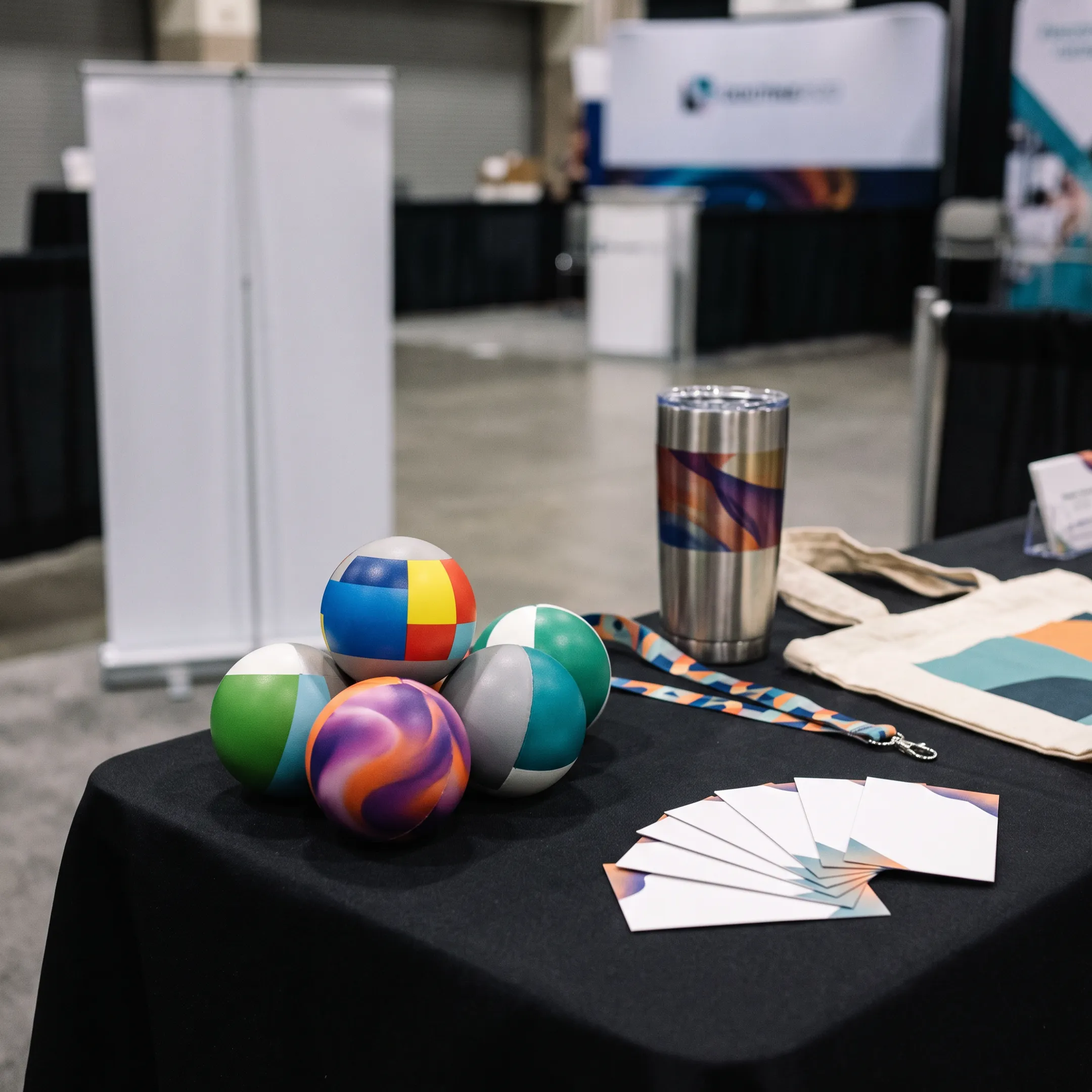 Custom logo stress balls arranged beside branded promotional materials