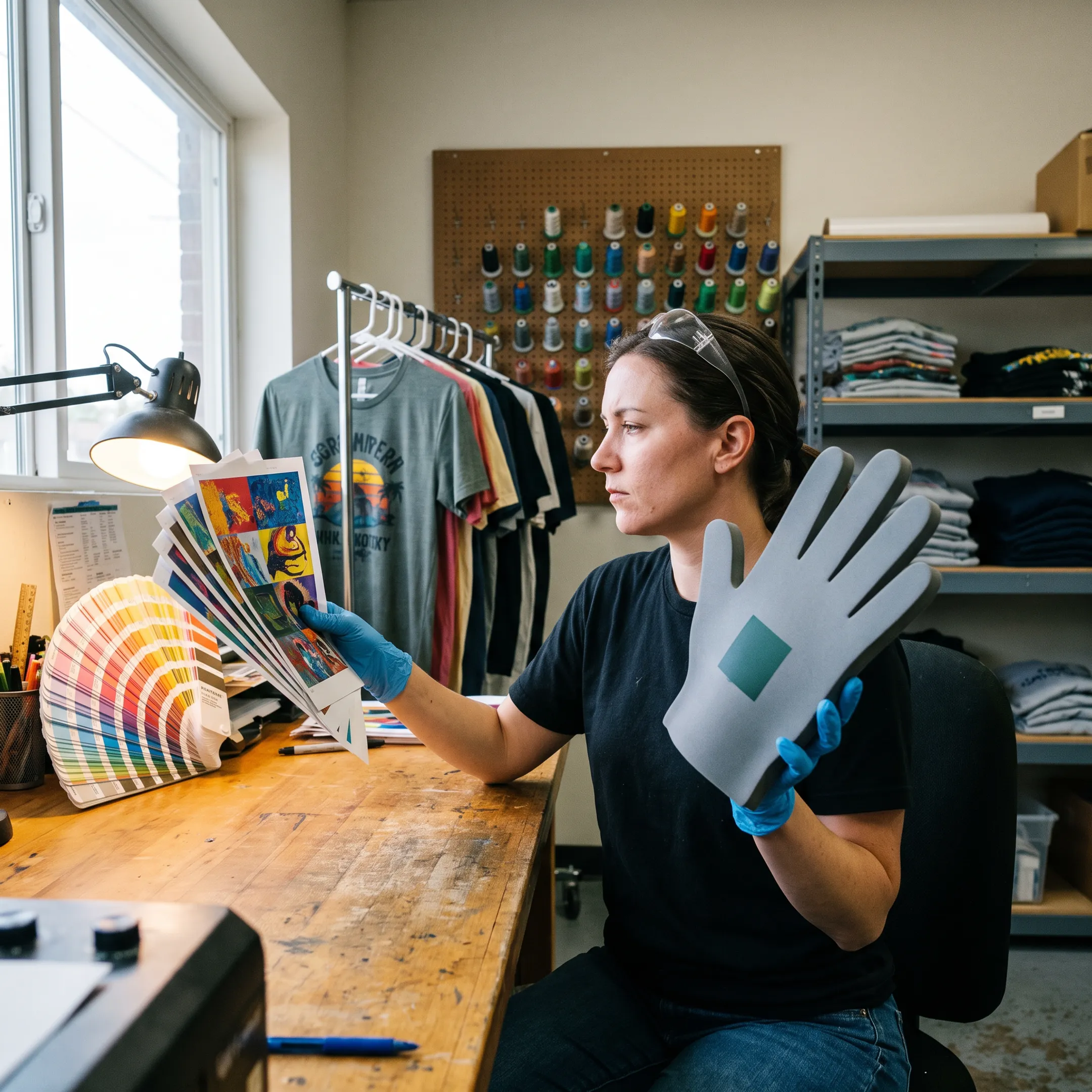 Printer reviewing artwork for custom foam promotional products