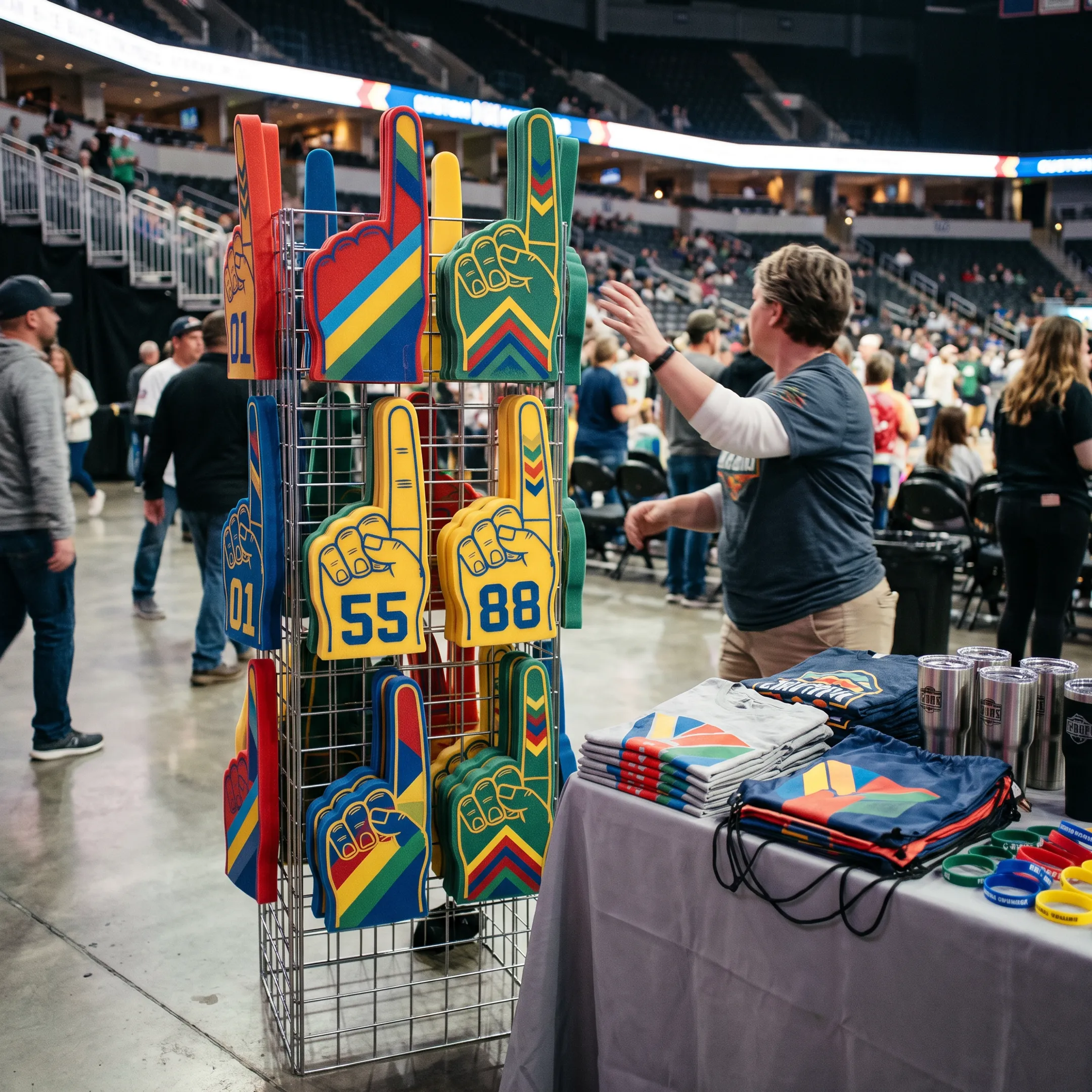 Custom branded foam hands and fingers displayed for a sports event