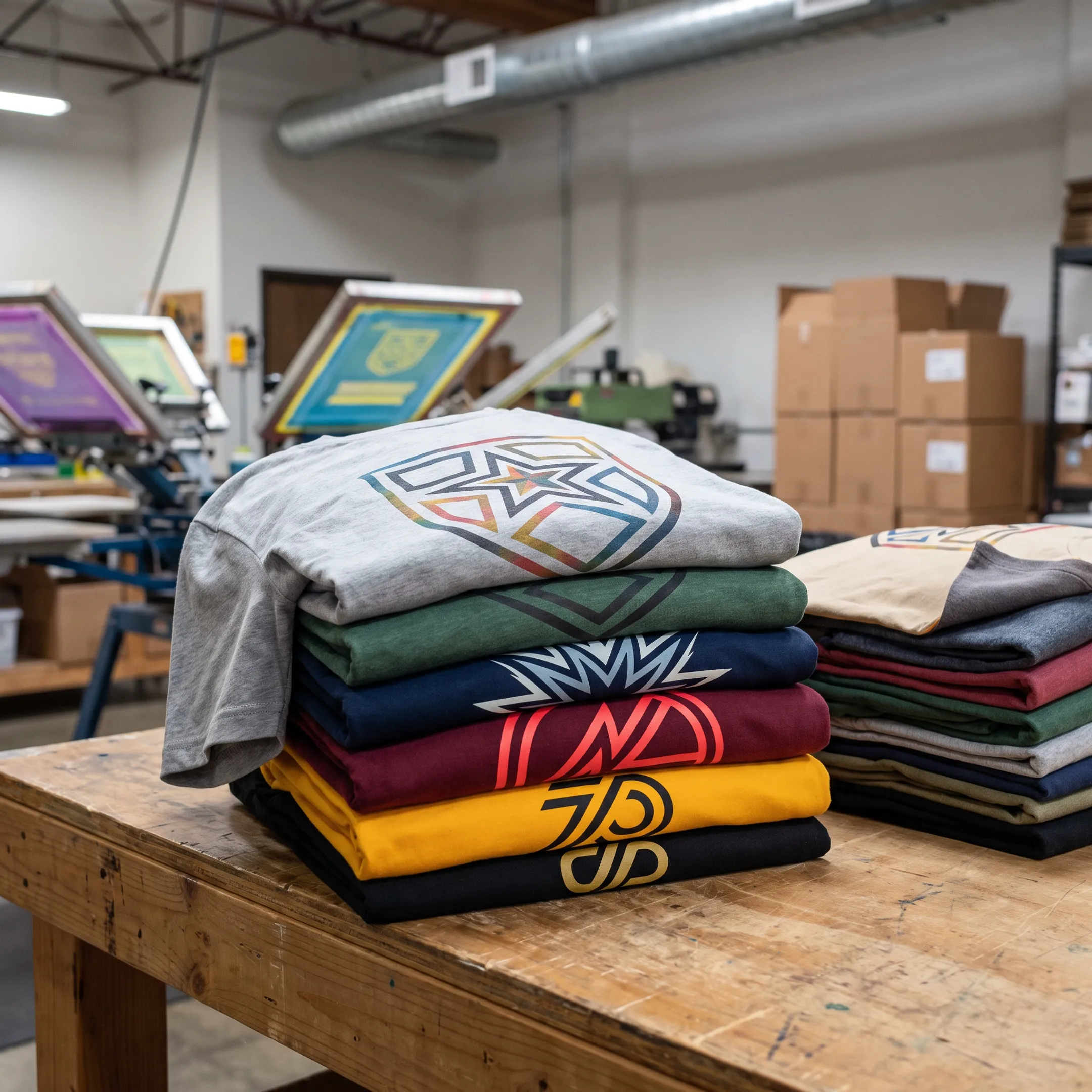 Bulk custom screen printed t-shirts arranged for a business or event order
