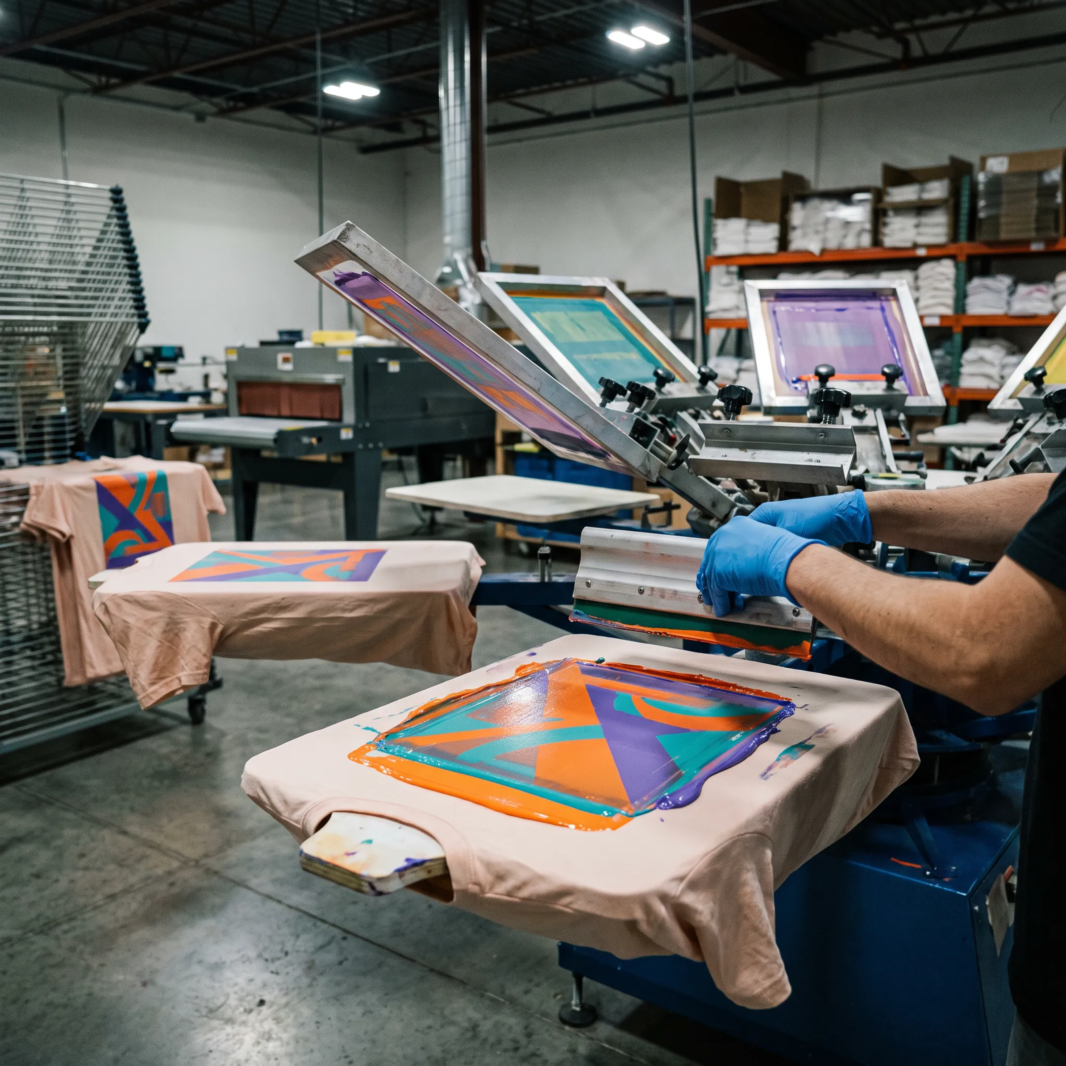 Printer producing colorful custom t-shirts in a screen printing shop