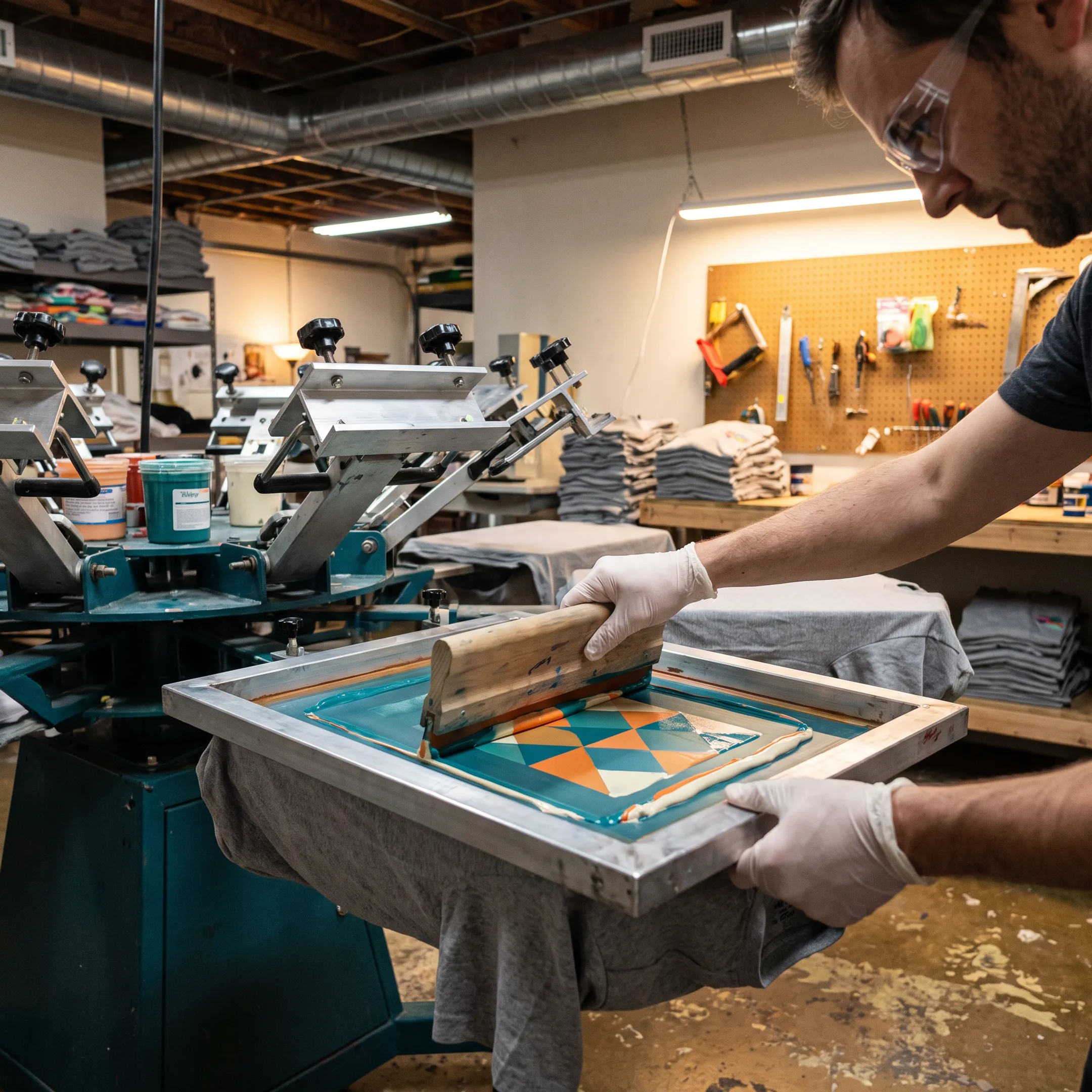 Technician screen printing a colorful logo onto a custom t-shirt