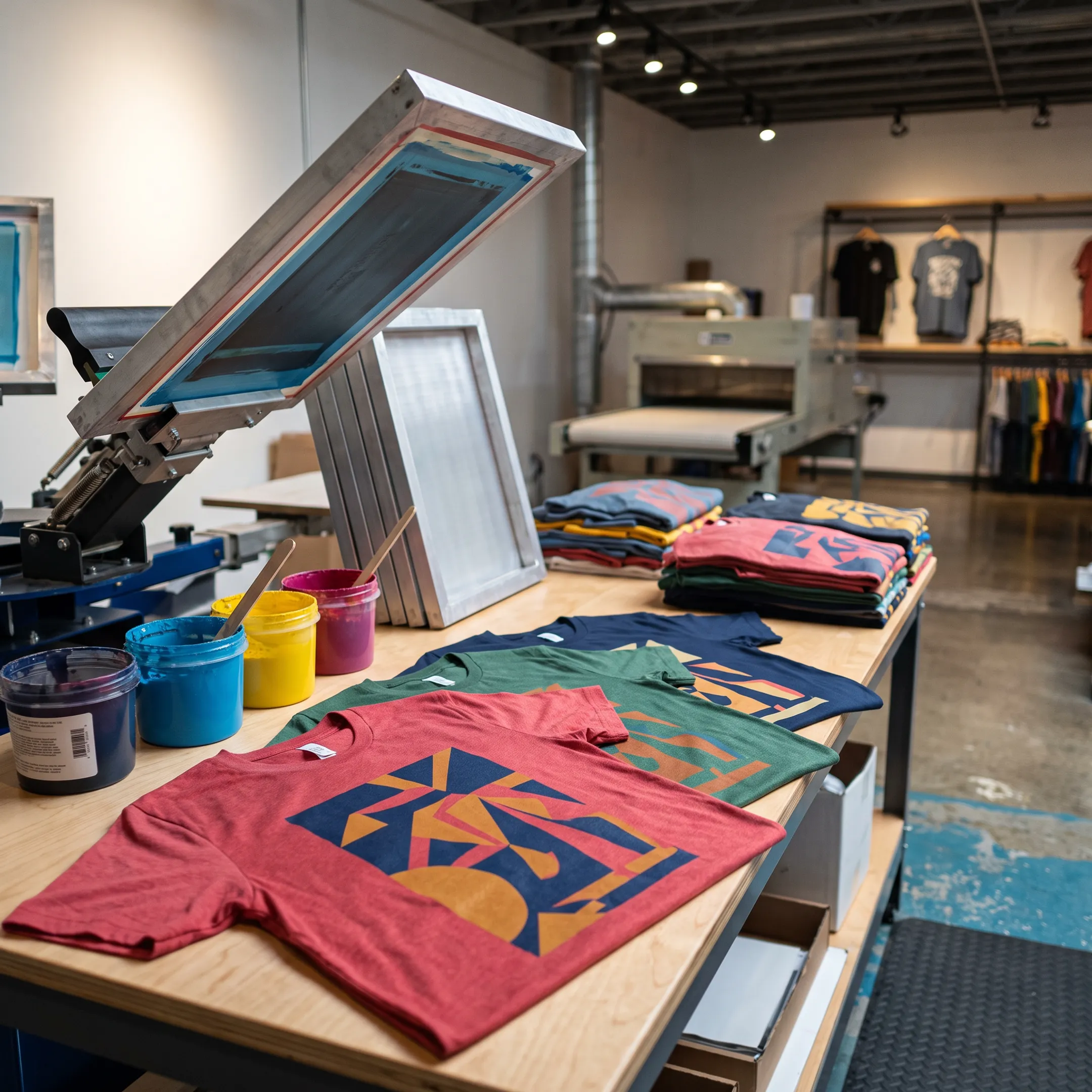 Custom screen printed t-shirts arranged for a branded group apparel order
