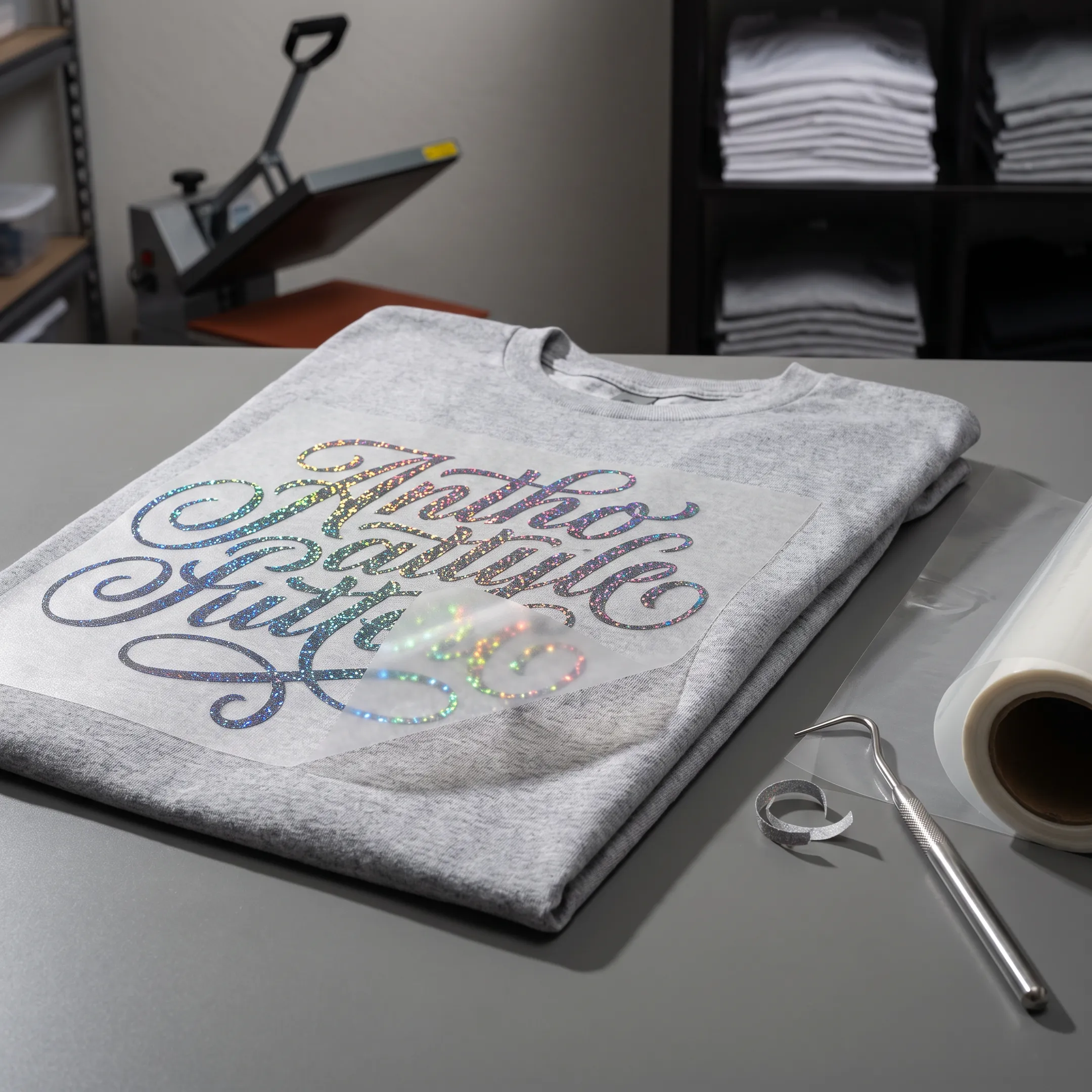 Glitter DTF transfer artwork on custom branded clothing