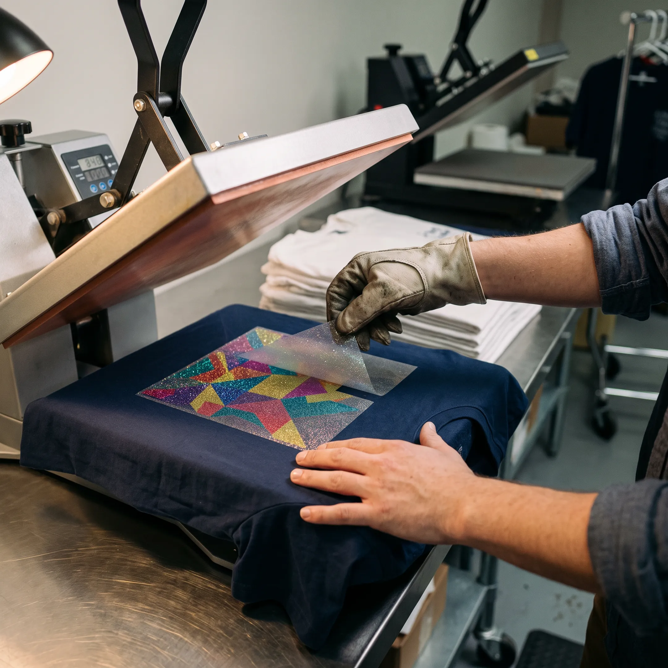 Custom glitter DTF transfer design applied to branded apparel