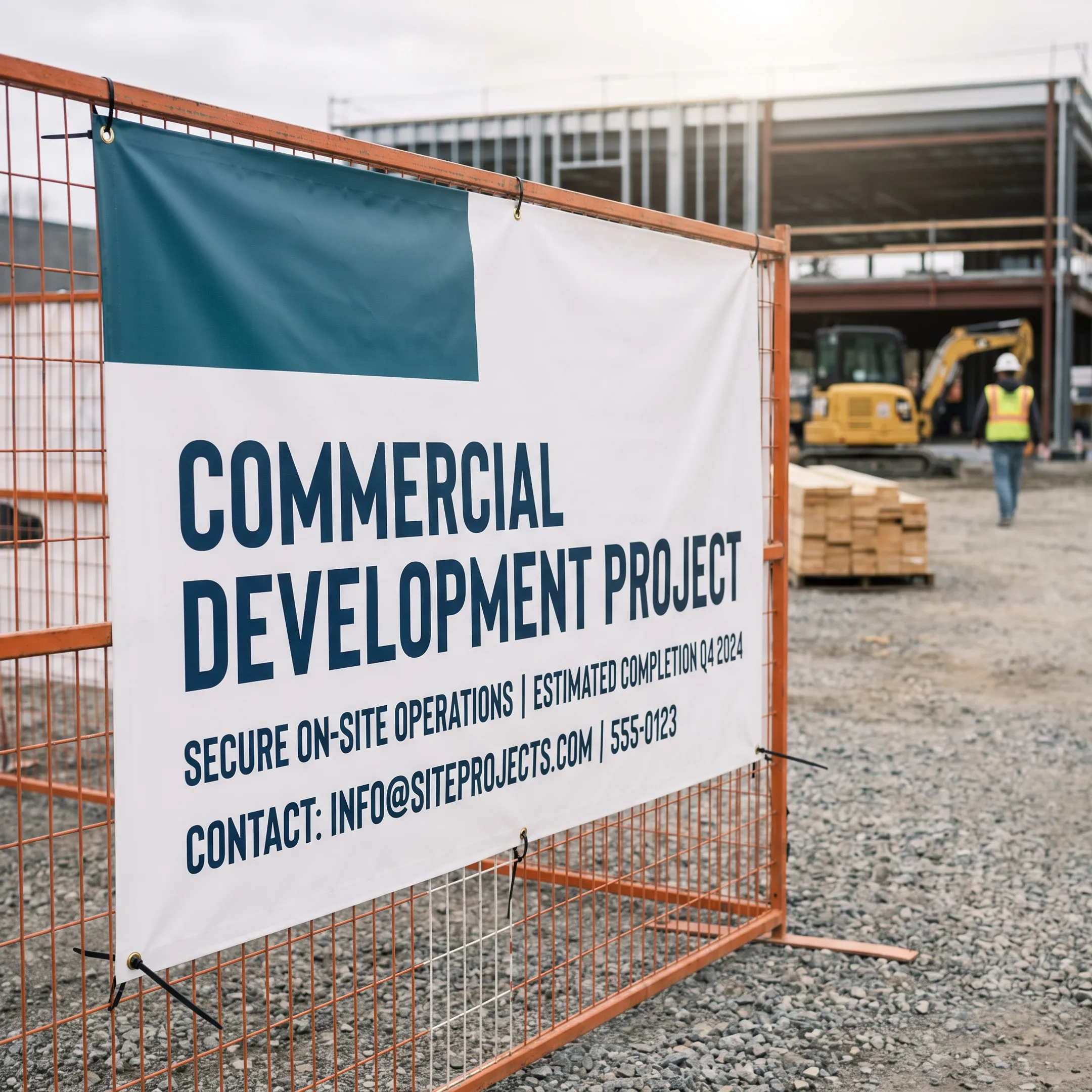 Custom construction banner displayed on a fenced building site